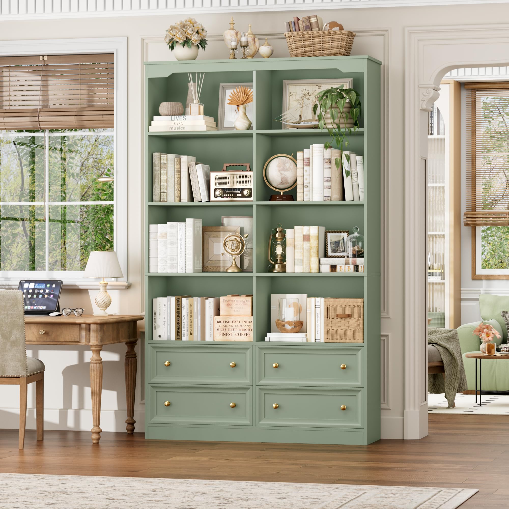 FINETONES 71" Tall Bookshelf with 4 Drawers, 6-Tier Double Wide Bookshelves and Bookcases with Storage, Green Bookshelf Large Open Bookshelves