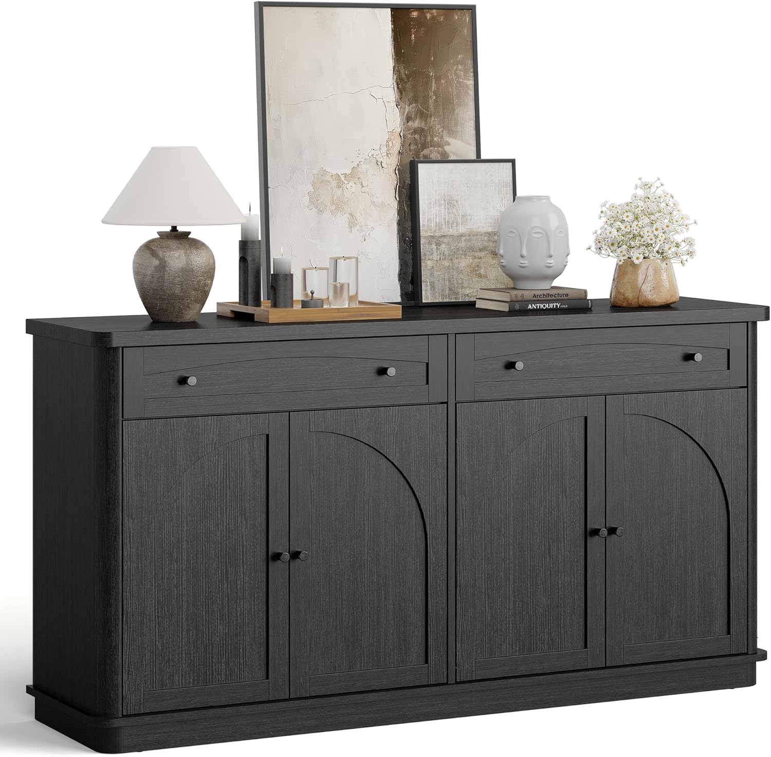 ONBRILL 63 Inch Buffet Cabinet with Storage, Curved Sideboard Cabinet with 2 Drawers and 4 Arched Doors, Storage Cabinets with Adjustable Shelves, Sideboard Buffet for Living Room, Kitchen (Black)