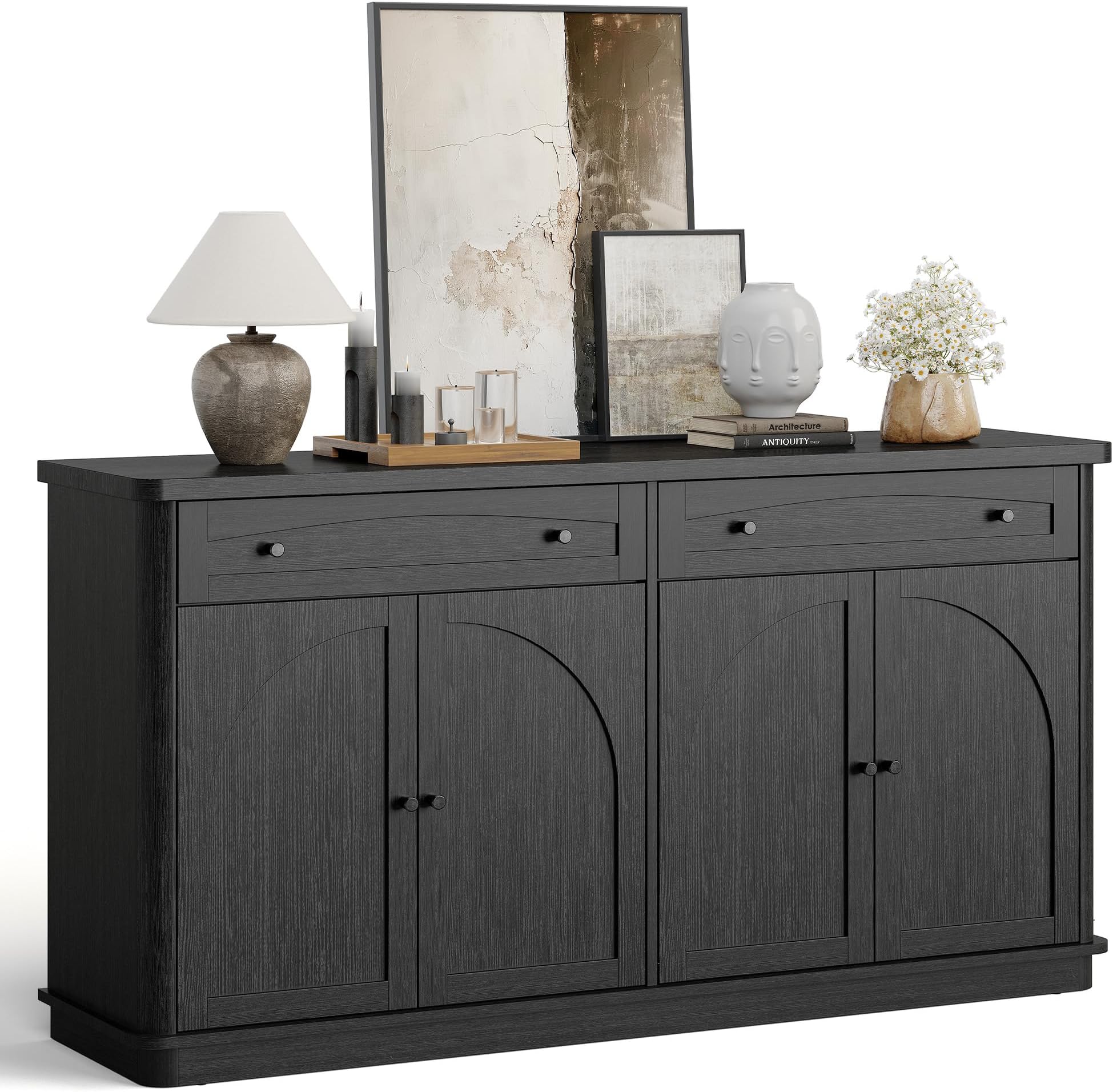 63 Inch Buffet Cabinet with Storage, Curved Sideboard Cabinet with 2 Drawers and 4 Arched Doors, Storage Cabinets with Adjustable Shelves, Sideboard Buffet for Living Room, Kitchen (Black)