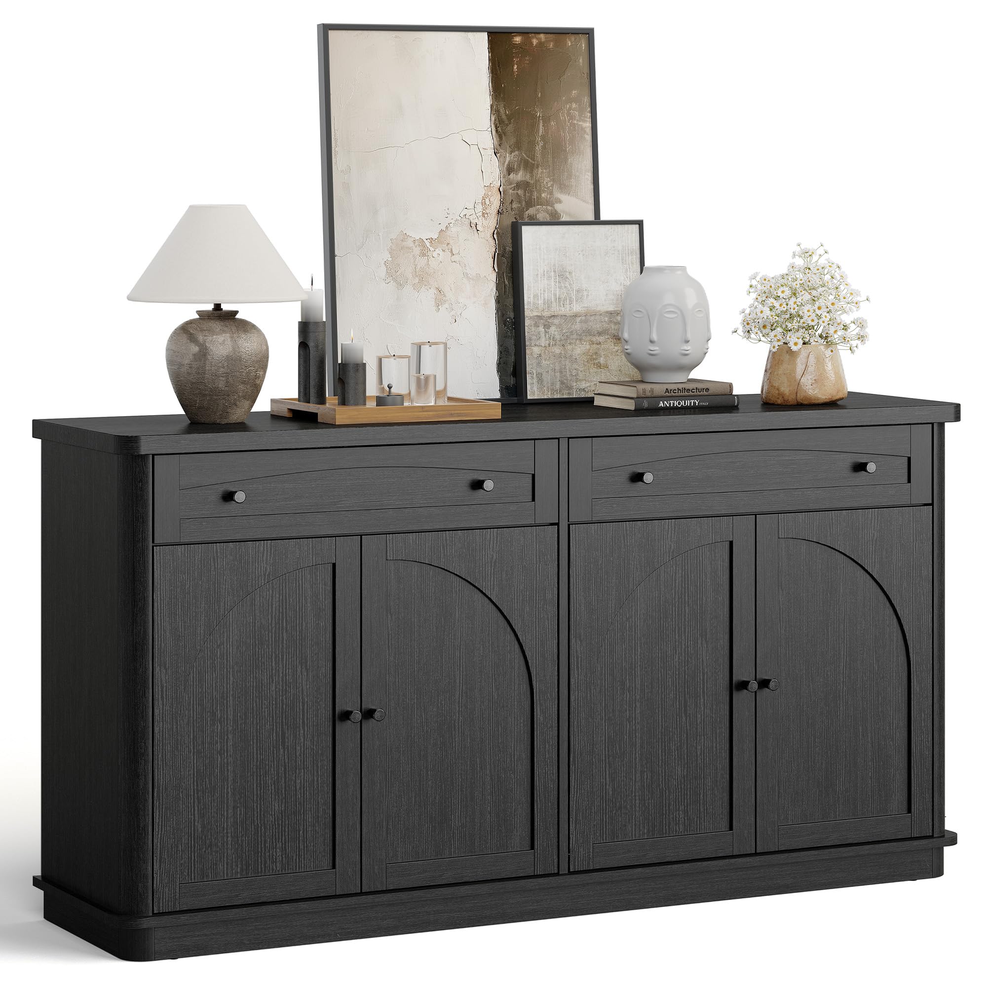 ONBRILL 63 Inch Buffet Cabinet with Storage, Curved Sideboard Cabinet with 2 Drawers and 4 Arched Doors, Storage Cabinets with Adjustable Shelves, Sideboard Buffet for Living Room, Kitchen (Black)