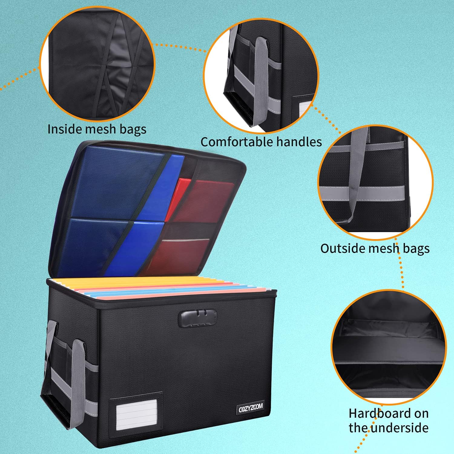 COZYZOOM File Box with Lock, Fireproof Document Organizer Box, Collapsible Storage Filing Box with Zippers Office Home Safe File Box for Hanging Letter/Legal Folders (Black)
