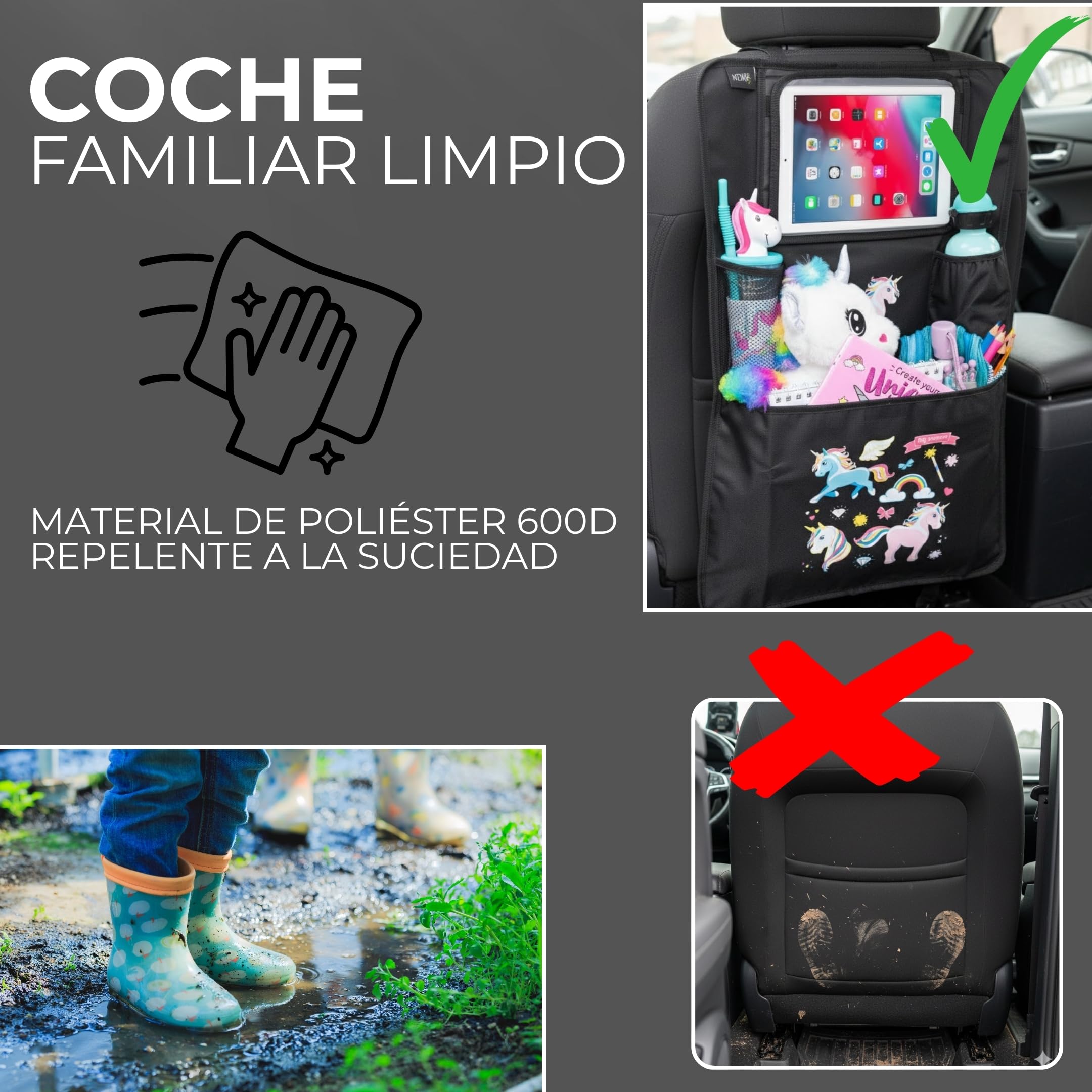 HECKBO 1x Organizador infantil para asiento de coche con bolsillo ajustable para tablet, almacenamiento para accesorios – Unicornio – 70x45 cm – incluye portabebidas