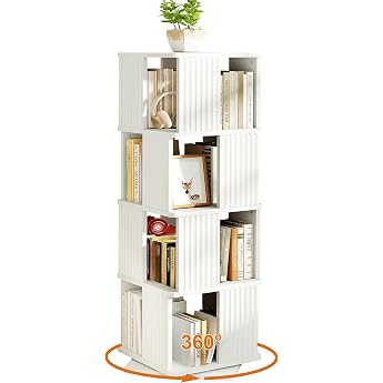 YOSHOOT 4-Tier 360  Rotating Bookcase 129.3 cm Large Rotating Wooden Standing Shelf Storage Shelf for Study Bedroom Living Room 45 x 45 x 129.3 cm White