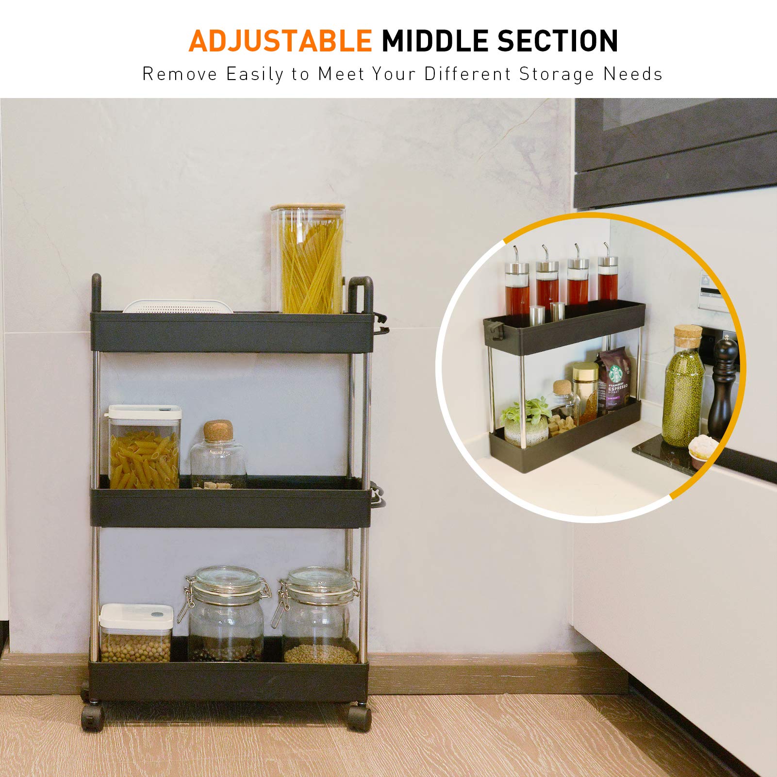 Ronlap 3 Tier Slim Rolling Storage Cart, Skinny Rolling Cart with