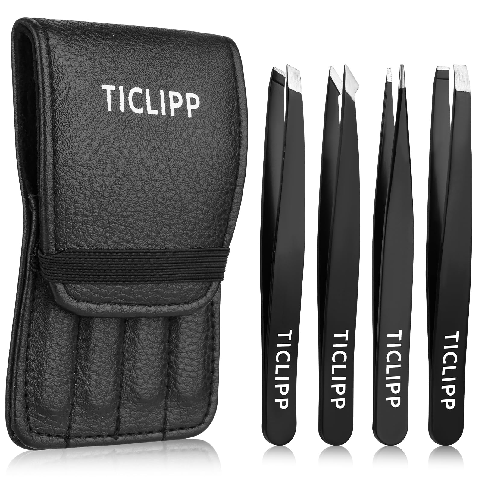 4Pcs Stainless Steel Tweezers Set, Precision for Eyebrows, Facial Hair & Ingrown Hair (Black)