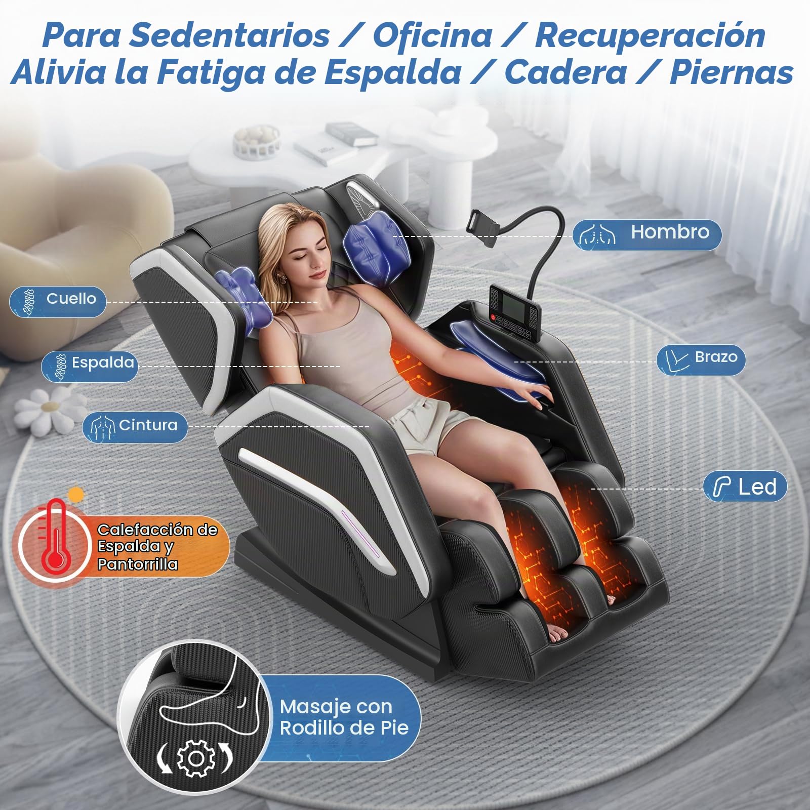 Sillón de Masaje, sillón reclinable de Cuerpo Completo con 14 Rodillos, 8 Bolsas de Aire, función de calefacción, Masaje de pies, Altavoz Bluetooth, Control Remoto táctil