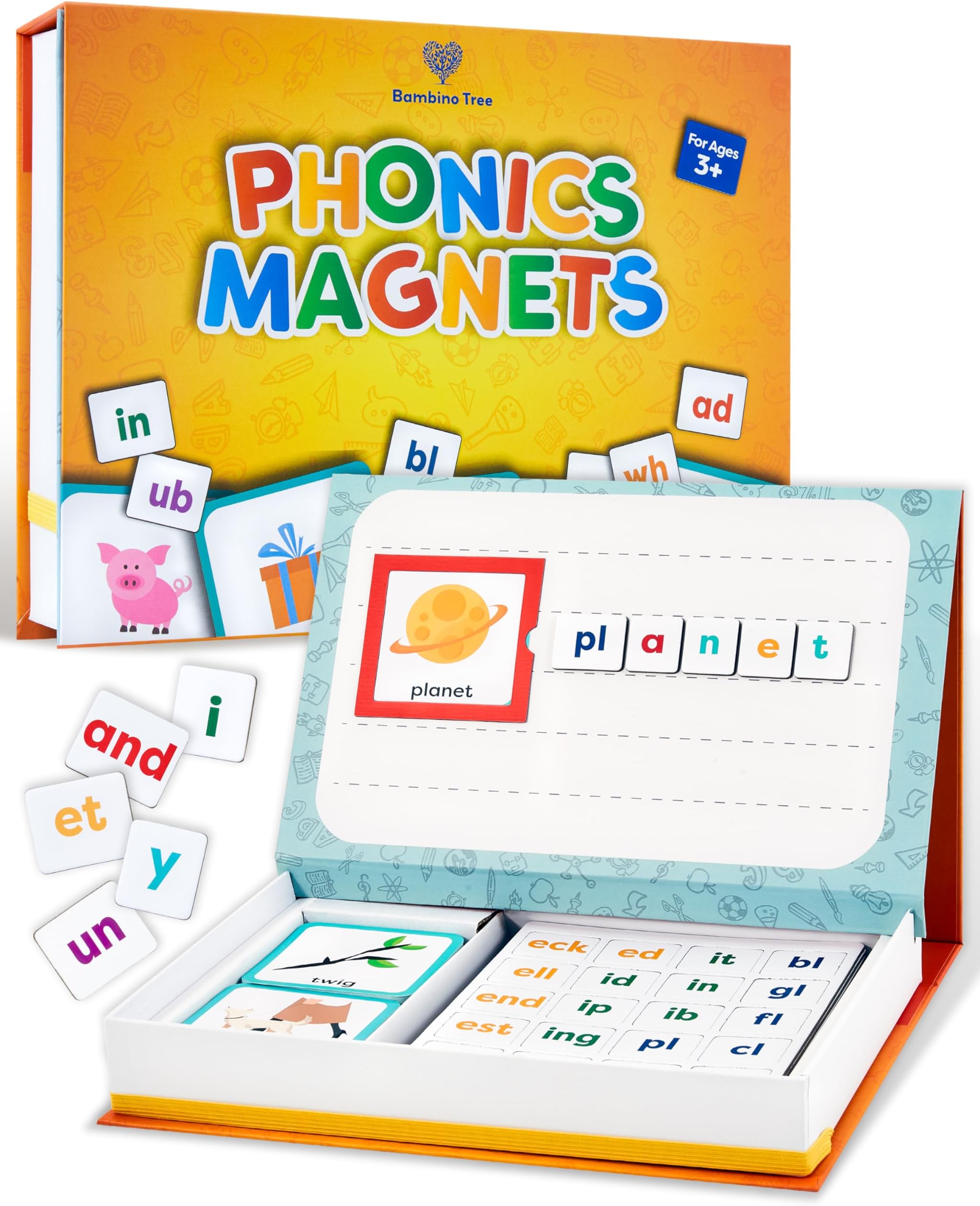 Alphabet and Phonics Magnets - CVC Word Builder with Picture Flash Cards - Magnetic ABC Board with Letters and Phonetic Blend Magnet Tiles - Learn to Spell and Read