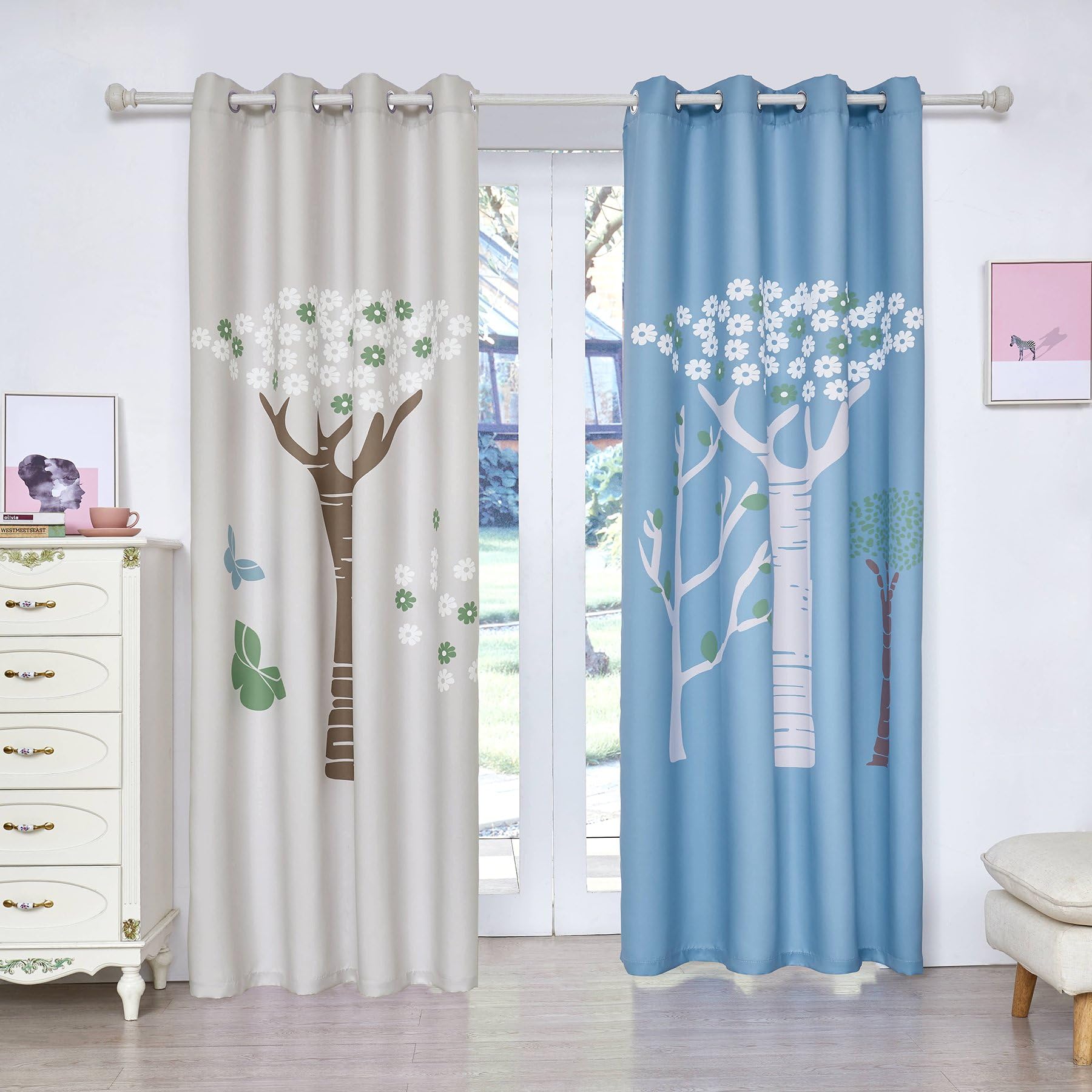 Fassbel 2 Panel Set Digital Printed Blackout Window Curtains Thermal Insulated for Bedroom Living Room Dining Room Kids Youth Room Window Drapes (W54× L63, Tress in Blue and White Background)
