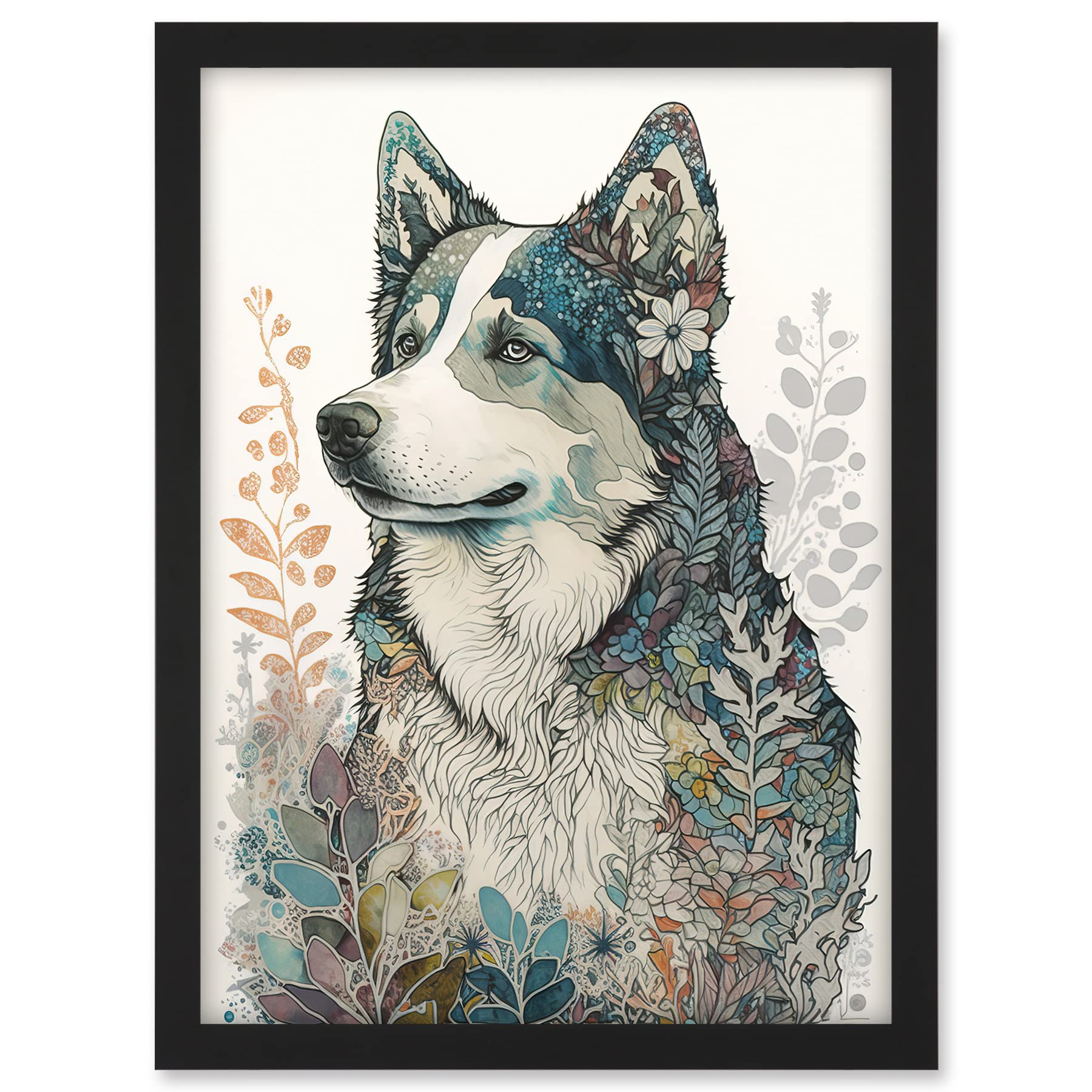 Artery8 Siberian Husky Dog Nature Spirit Animal Modern Multicoloured Illustration Artwork Framed A3 Wall Art Print