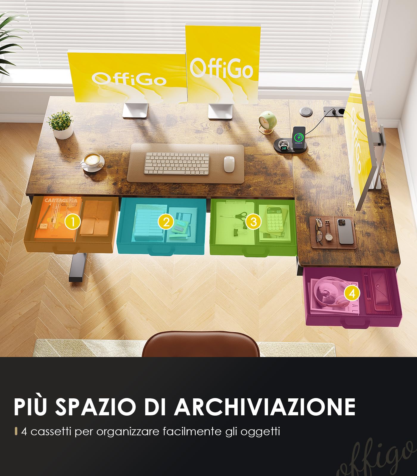 OffiGo Scrivania Angolo Regolabile in Altezza con Cassetti, 140cm, Marrone | Scrivania Angolare Regolabile con Presa per di ricarica USB, Standing Desk a L per Ufficio e Studio, porta Canalina Nascosta
