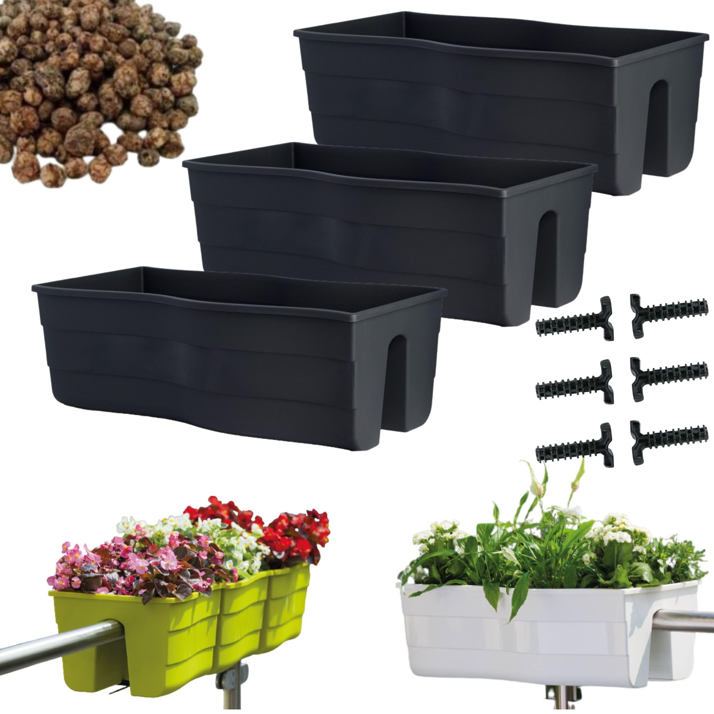 3X Caja de barandilla - Maceta de Interior y Exterior - Maceta - Maceta de balcón - Maceta Decorativa - Wave 60 + Arcilla expandida 5l - 290x585x200mm - Gris