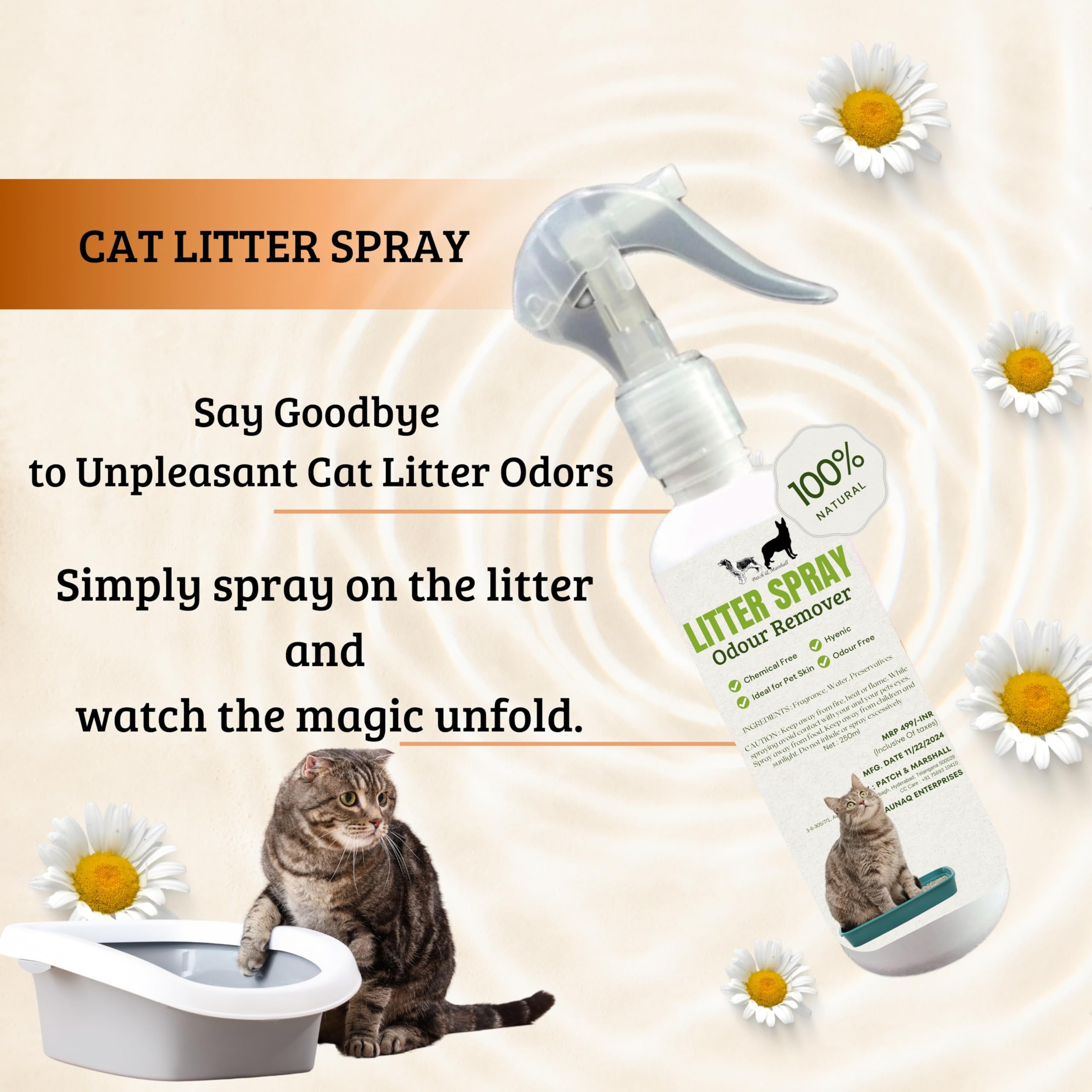 Patch & Marshall Cat Litter Spray, Odour Remover, Chemical Free, Hyenic, Ideal for Pet, Odour Free, 250ml 2