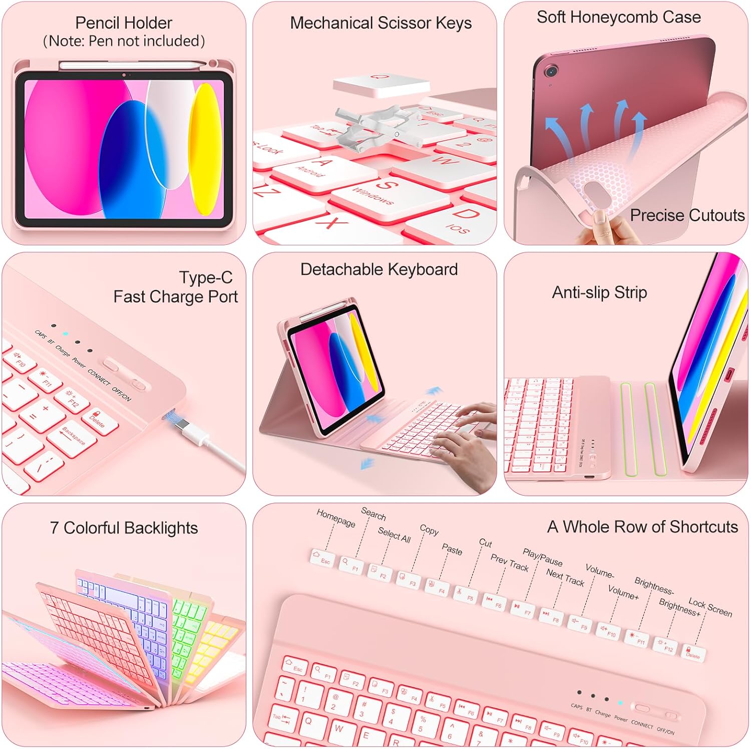 COO for iPad 11/10th Gen Case with Keyboard(11" A16 2025 & 10.9" 2022)-7 Colors Backlit Wireless Detachable Bluetooth Keyboard Cover with Pencil Holder, Auto Wake/Sleep for iPad A16 KeyboardCase(Pink)