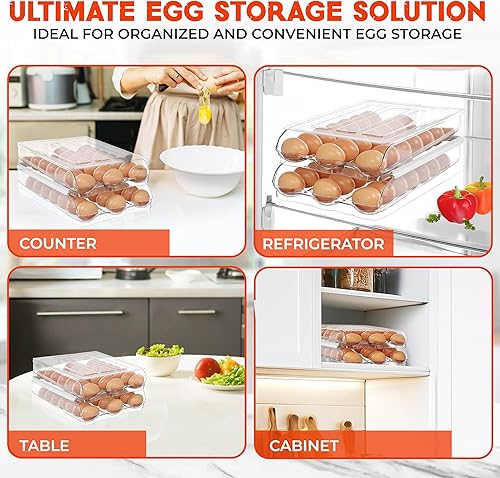 Miniatura 5 de Soporte para 36 huevos para refrigerador, organizador automático de huevos de 2 niveles para ahorrar espacio y almacenamiento fresco, sin BPA