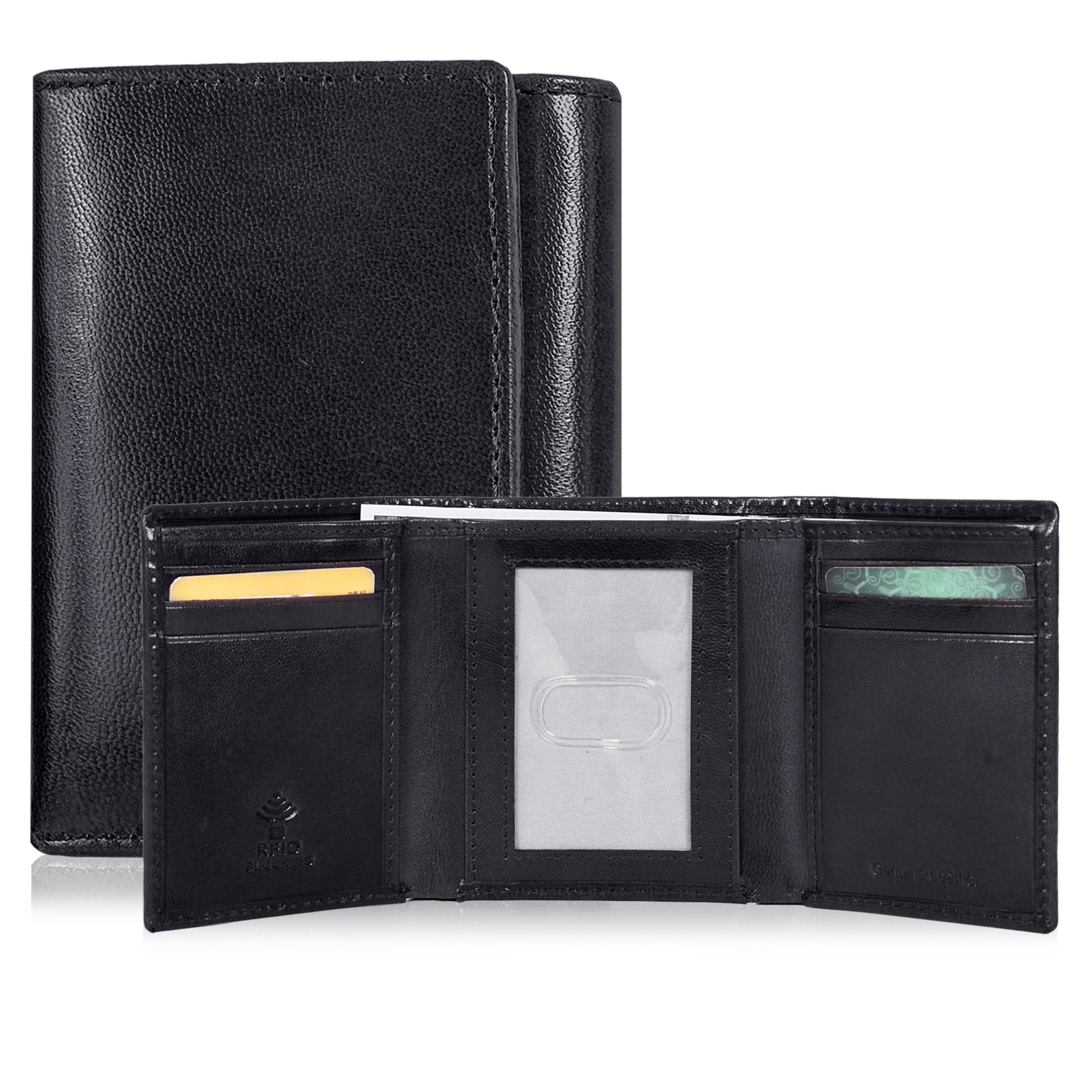 Real Leather Mens Trifold Wallet RFID Blocking Slim Minimalist Front Pocket - Thin & Stylish with ID Window in Gift Box
