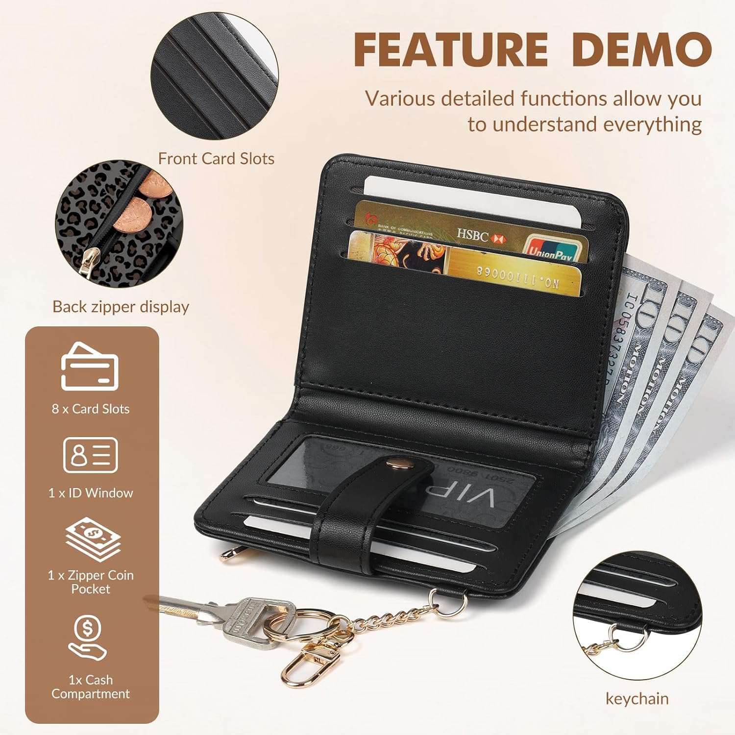 Women Wallet, RFID Blocking Bifold PU Leather Wallet, Small Slim Compact Purse with Clear ID Window & Zipper Coin Pocket, Credit Card Holder for Ladies,1 ID window 8 Card Slots,Leopard print