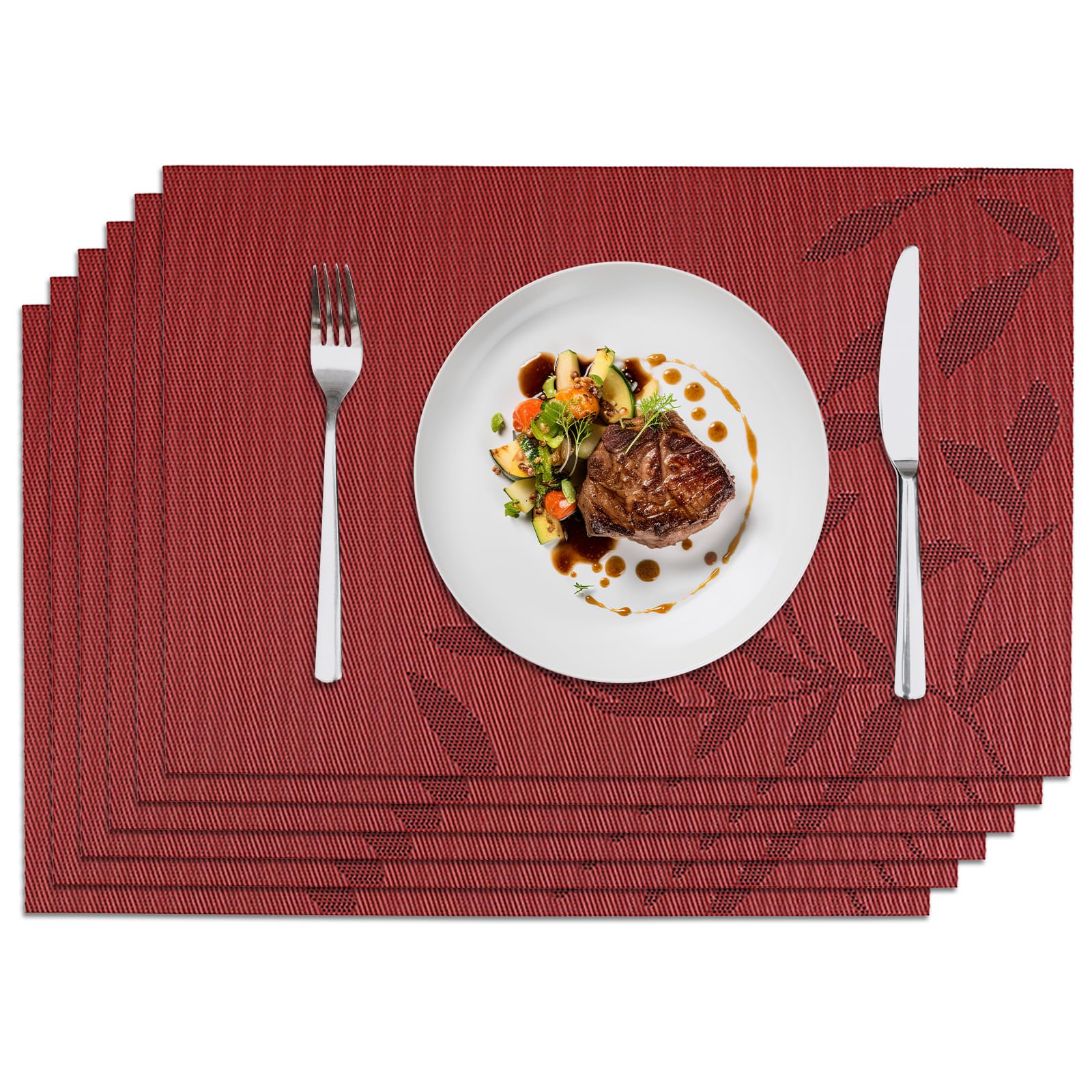 Komforbaa Set of 6 Plastic/Vinyl Woven Leaf Design Place Mats,Heat-Resistant Wipeable Dining Table Mats for Kitchen Table Indoor/Outdoor,Red