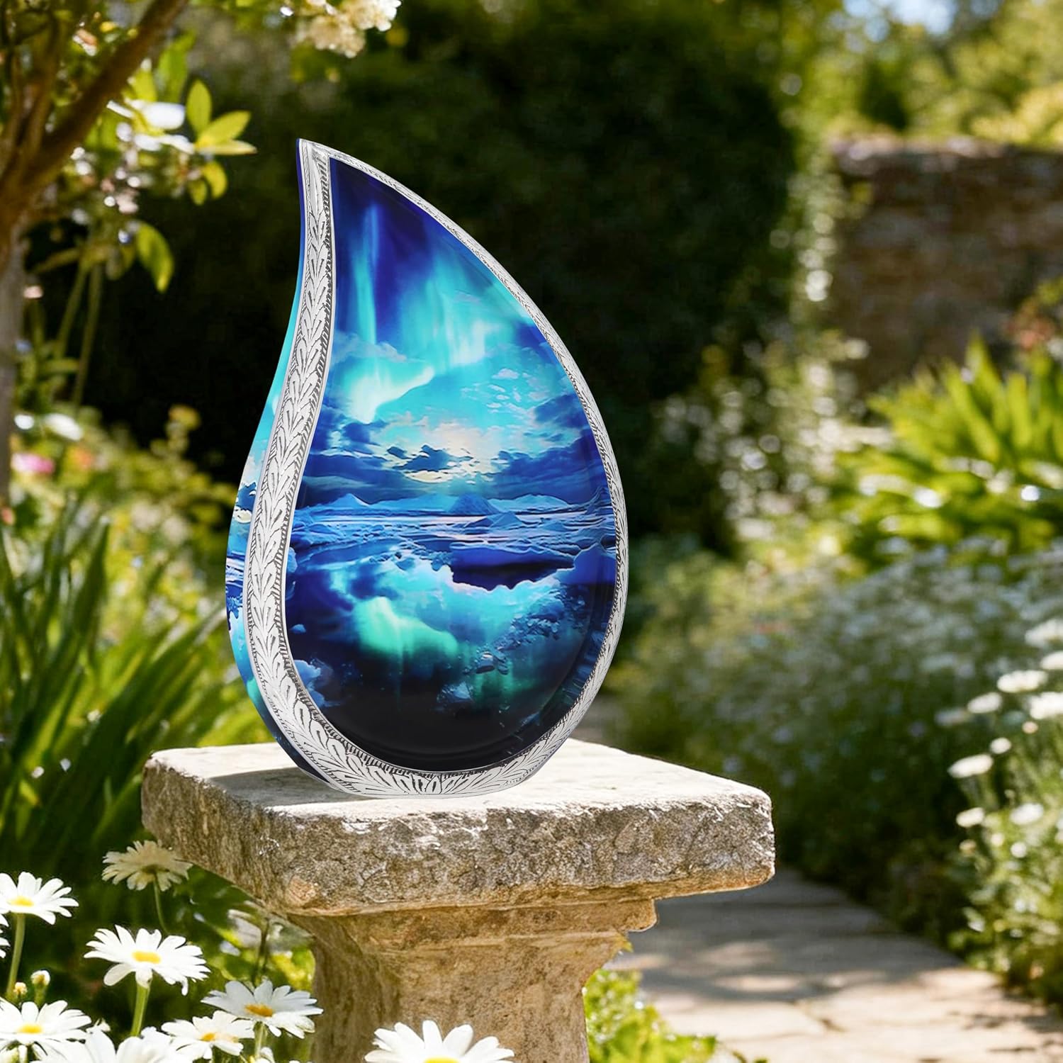 M MEILINXU Large Urn for Ashes for Women, Funeral Cremation Urn for Adult Male, Teardrop Urns for Human Ashes Adult Man & Female, Decorative, Galaxy, Turquoise, Aurora Borealis - Full Size Urns