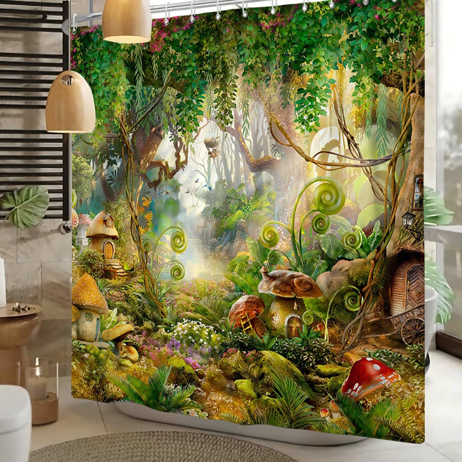 Xiaoterna Fairy Tale Forest Shower Curtain Mushroom Green Tree Grass Bathroom Curtain Spring Magic Enchanted Forest Fantastic Jungle Shower Curtain Machine Washable Waterproof Fabric 180x220cm - Image 2