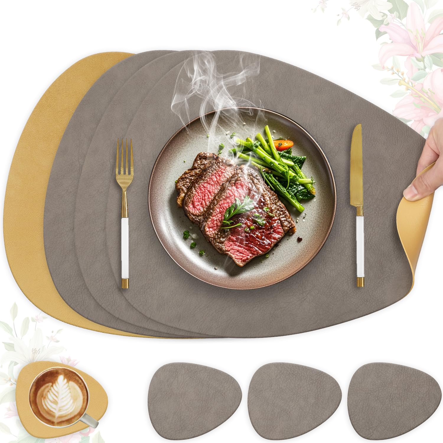 Heli MAIO Tischsets und Untersetzer 4er Set,Platzsets Abwaschbar und Doppelseitigen rutschfest Platzdeckchen,Tischset Leder Kunstleder,Platzdeckchen wasserdicht