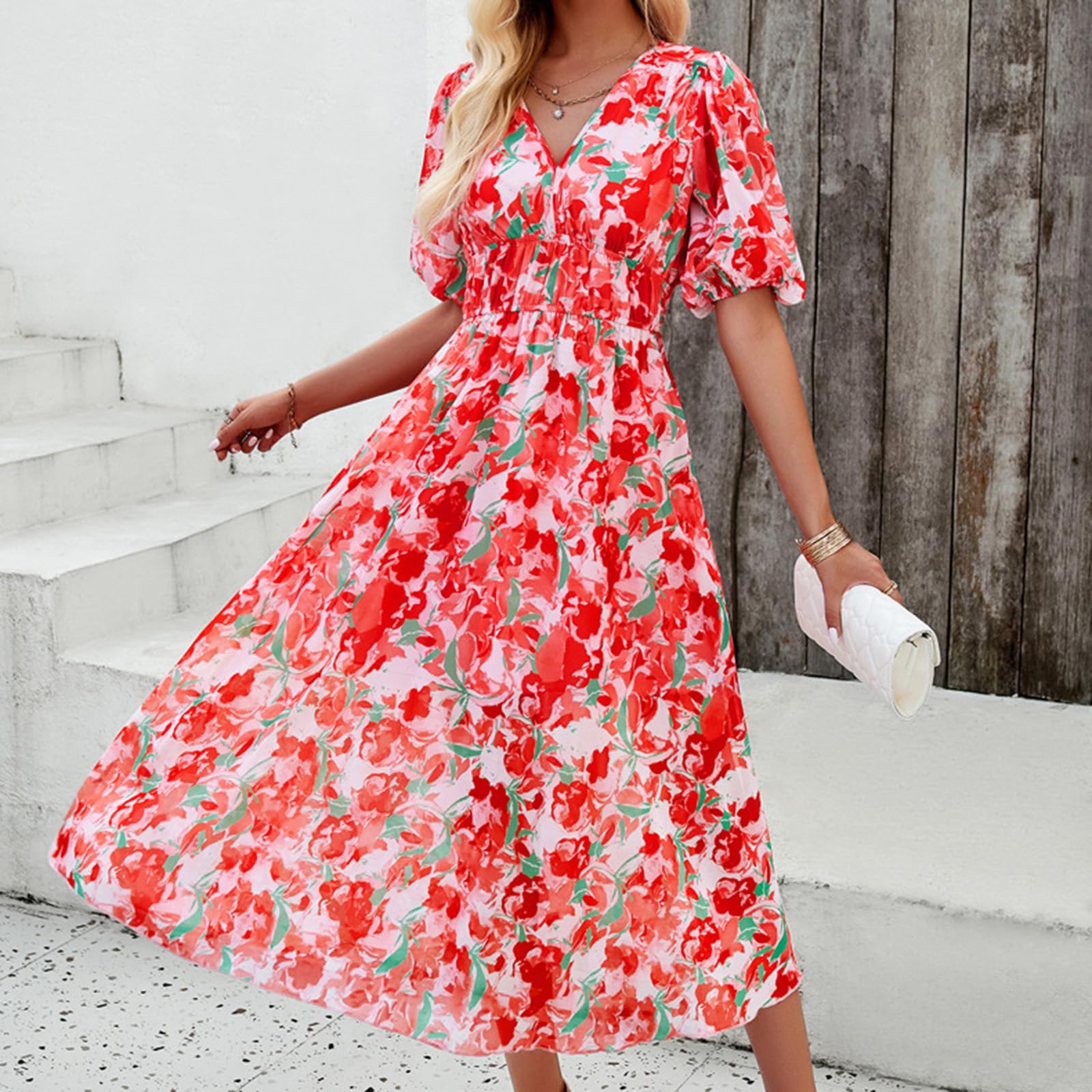Vestido Bohemio de Verano para Mujer, Elegante Vestido Midi Floral con Cuello en V, Vestido Playero Fluido para Mujer