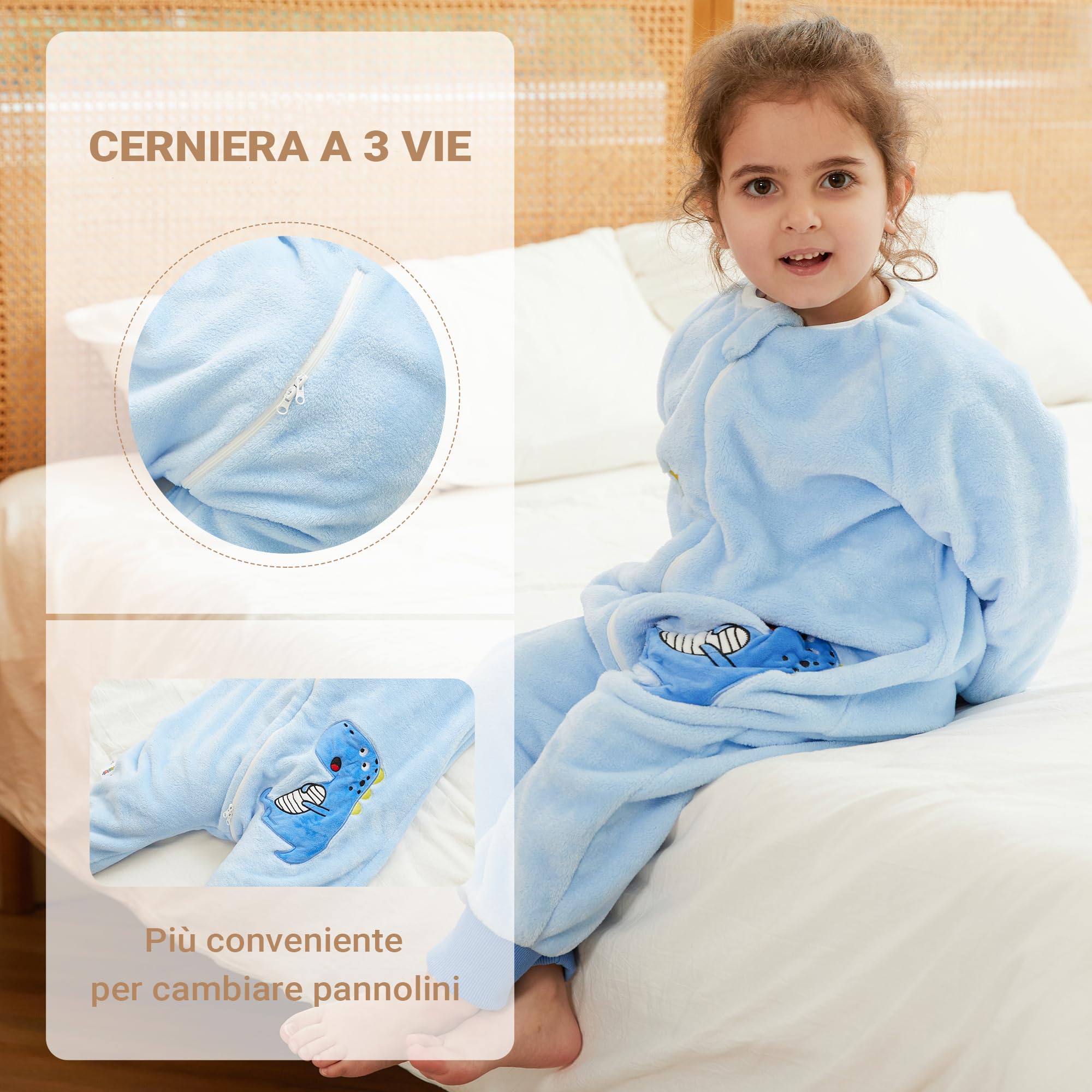 XQ&XG Sacco Nanna con piedini, Bambini Sacco Nanna con gambe 2.0 TOG, Flanella Sacco a pelo a maniche lunghe, Dinosauro, 90