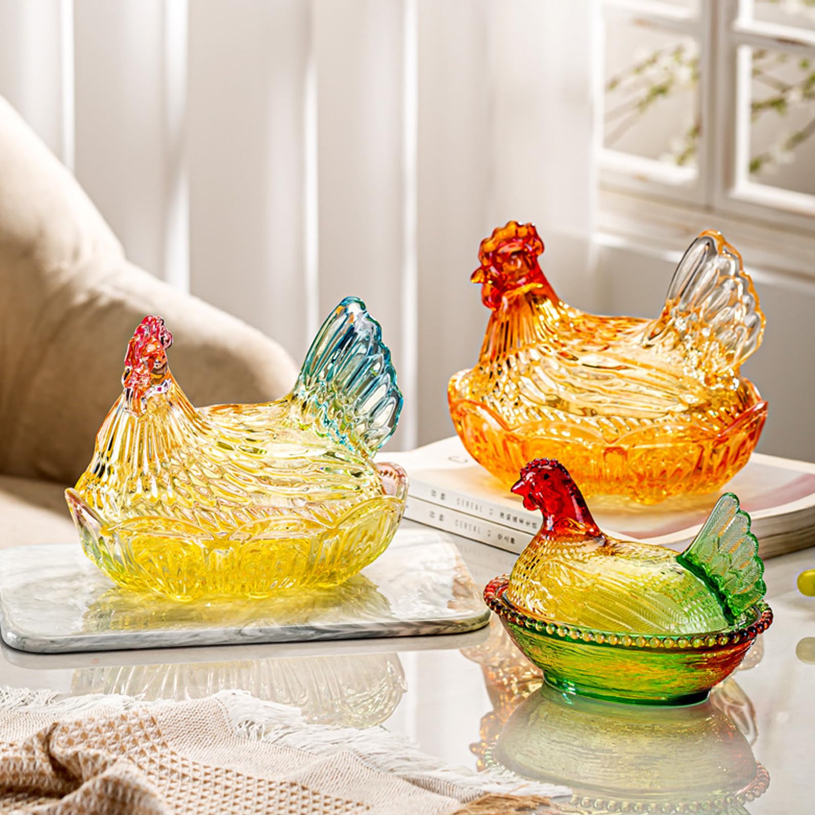 Caja de caramelos de cristal para gallina en tarros de dulces con tapa, platos de caramelo, decoración de mesa, plato de postre, tarros de regalo con tapa decorativa