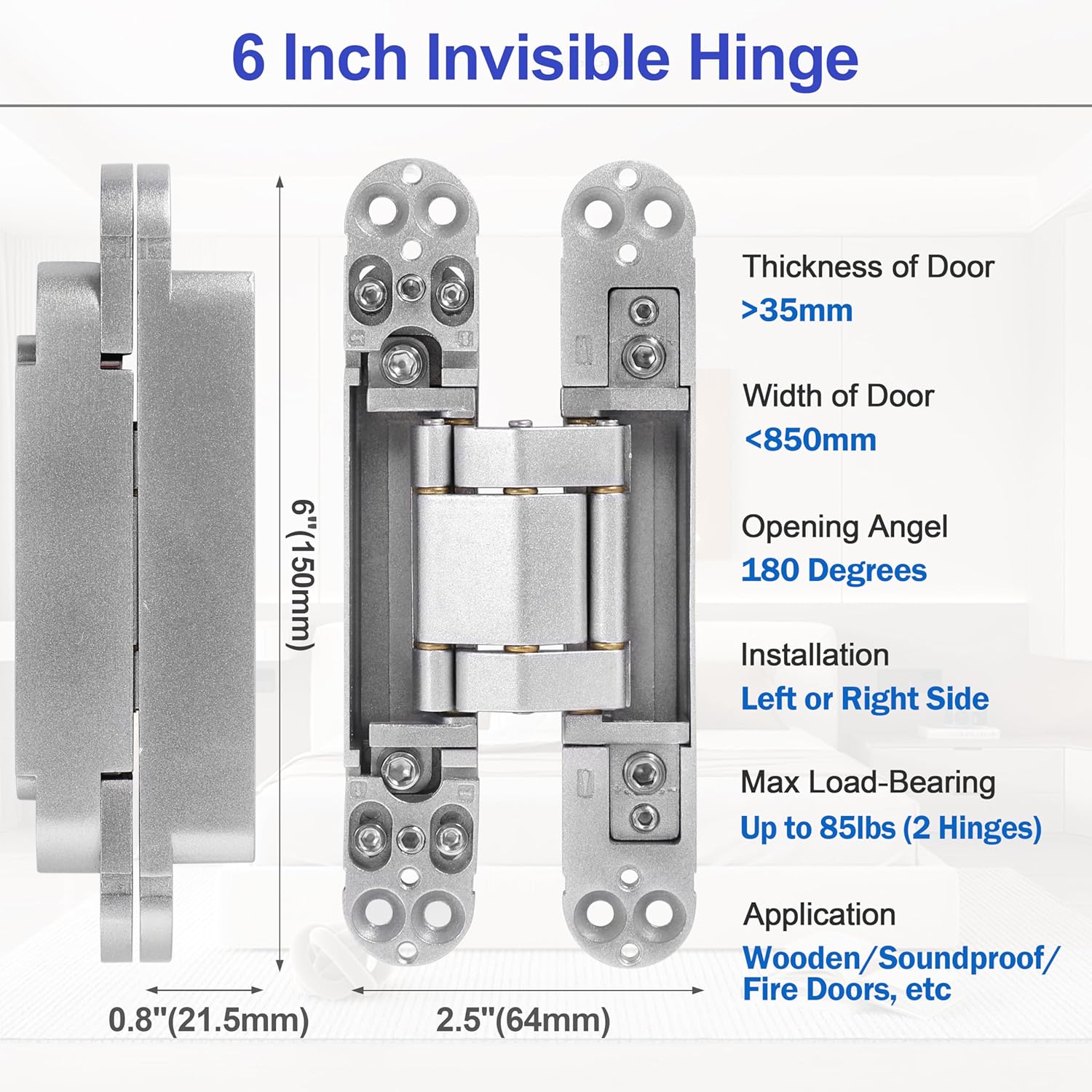 2Pcs 6 inch Hidden Door Hinges -Invisible Hinges for Doors, 180 Degree Swing Concealed Hinges, 3 Way Adjustable & Heavy Duty (‎Silver)