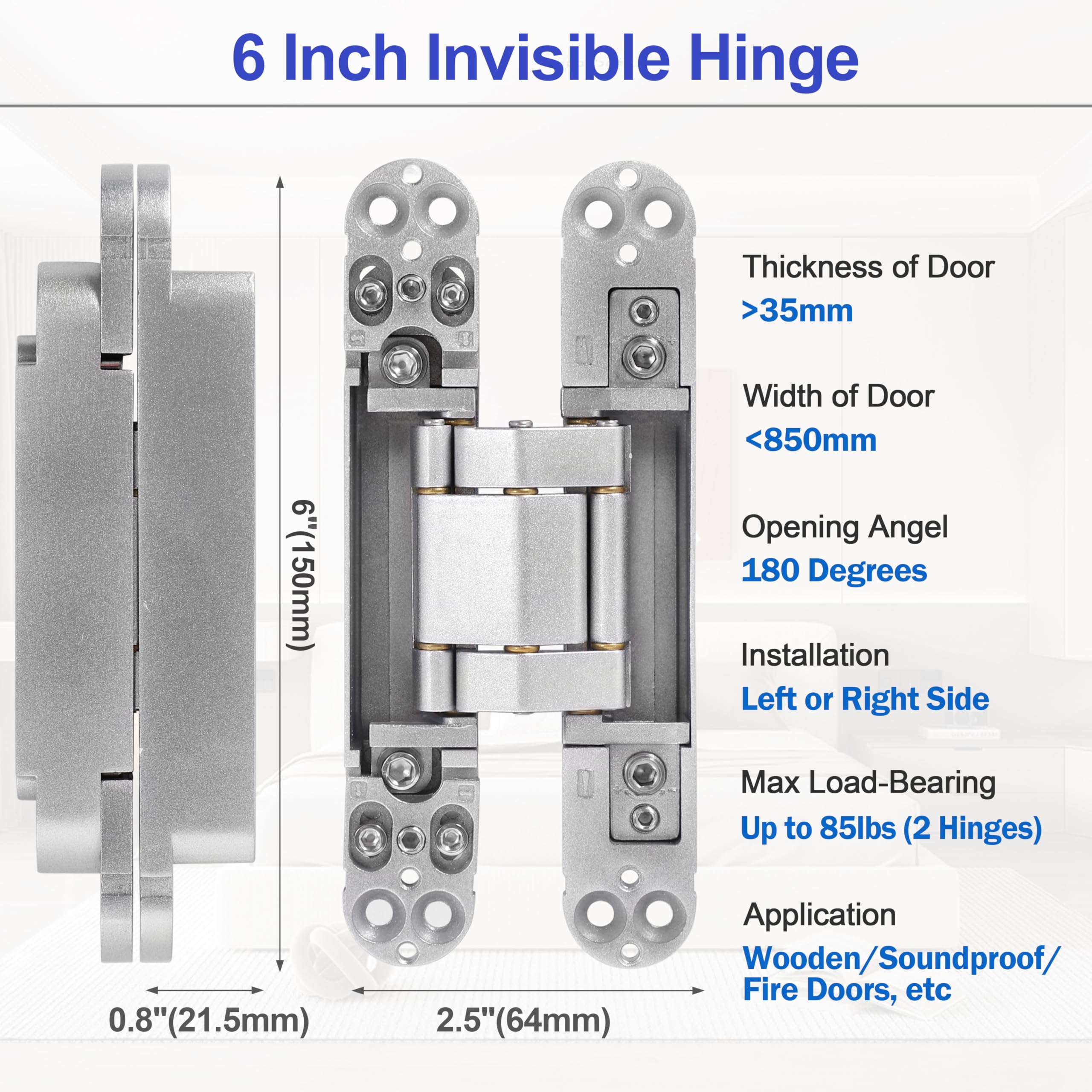 Bisagras de puerta ocultas (2 piezas) - Bisagras invisibles para puertas, bisagras ocultas de giro de 180 grados, bisagras ajustables de 3 vías y resistentes (plata, 6 pulgadas)