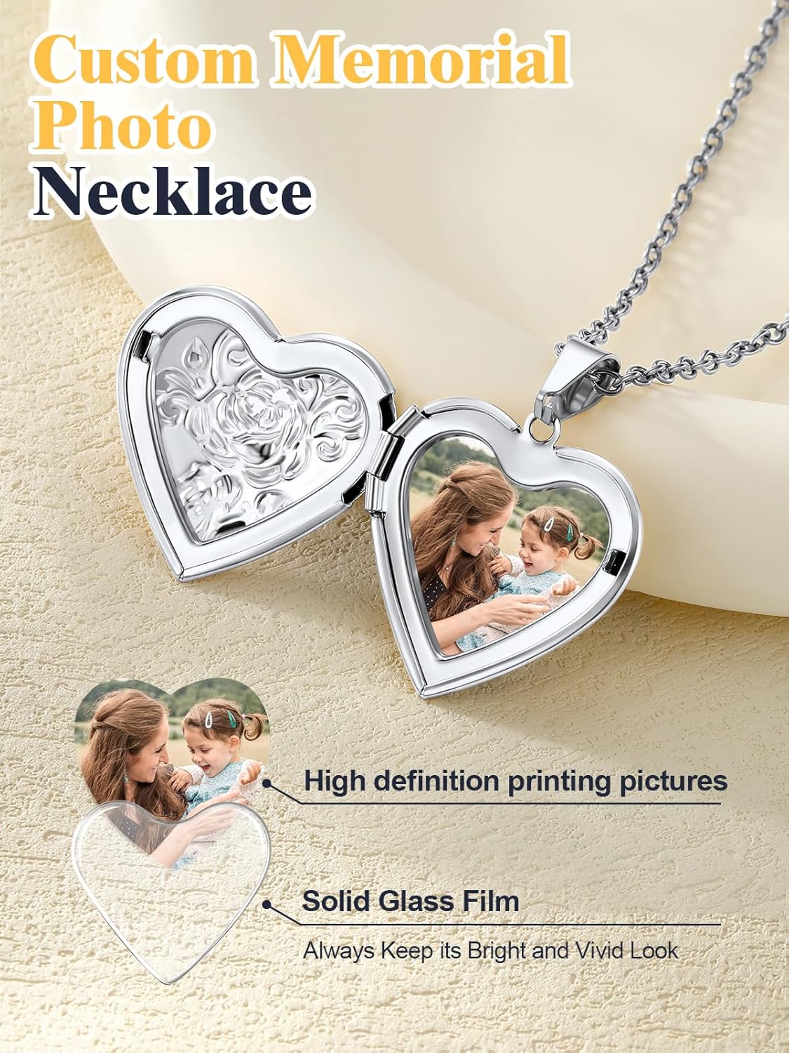U7 Locket Necklace for Women, Silver/Gold/Rose Gold Custom Photo Text Necklaces, Flower Heart/Round Shape Personalized Picture Pendant Necklace 18 Inch - Image 7
