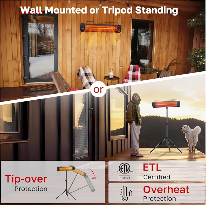 ThermoMate Infared Patio Heater for Outdoor with Tripod, Electric 1500W IP65 Waterproof with Remote, 3 Heating Levels & 24H Timer for Restaurant Backyard, Plug-in 120V Black image 3
