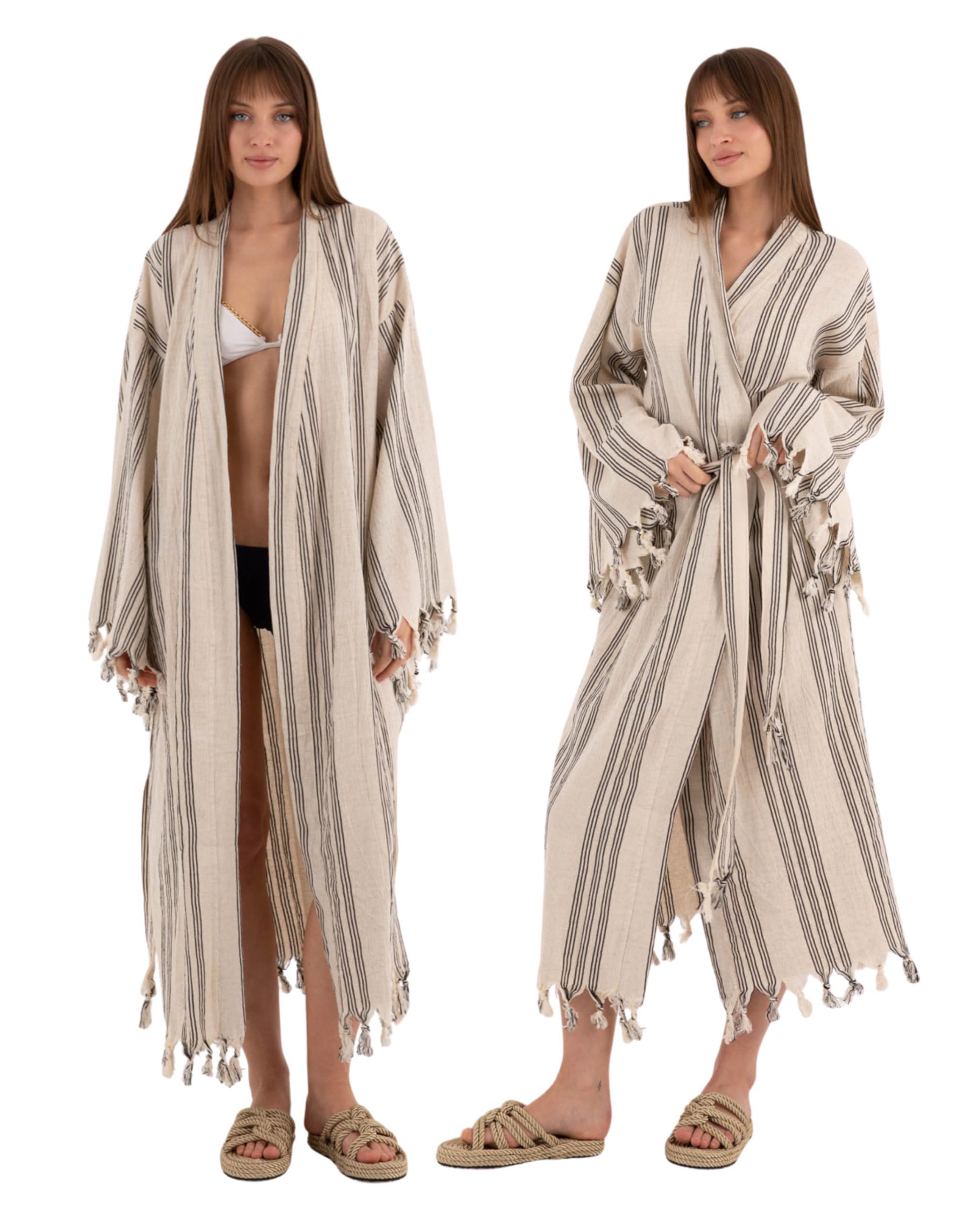 Acetory Womens Turkish Linen Kimono Handmade Boho Kaftan Robe Beach Swimsuit Cover Up - Holiday Gift