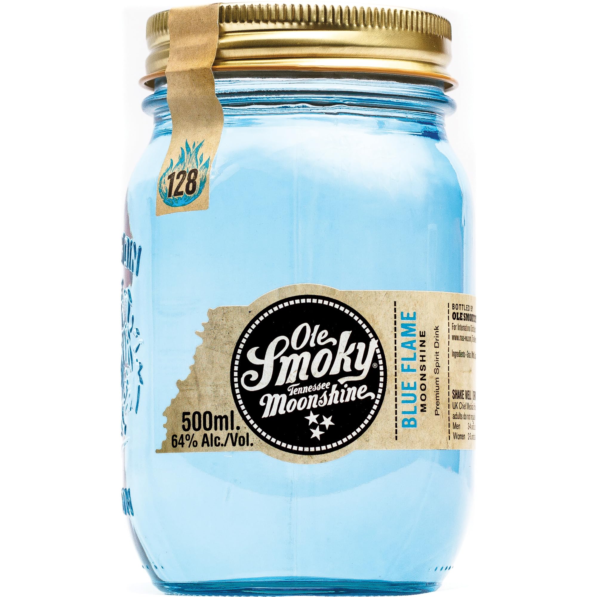 Blue Flame Moonshine, 50cl - 64% ABV Tennessee Mountain-Style Spirit - High Proof Moonshine Alcohol