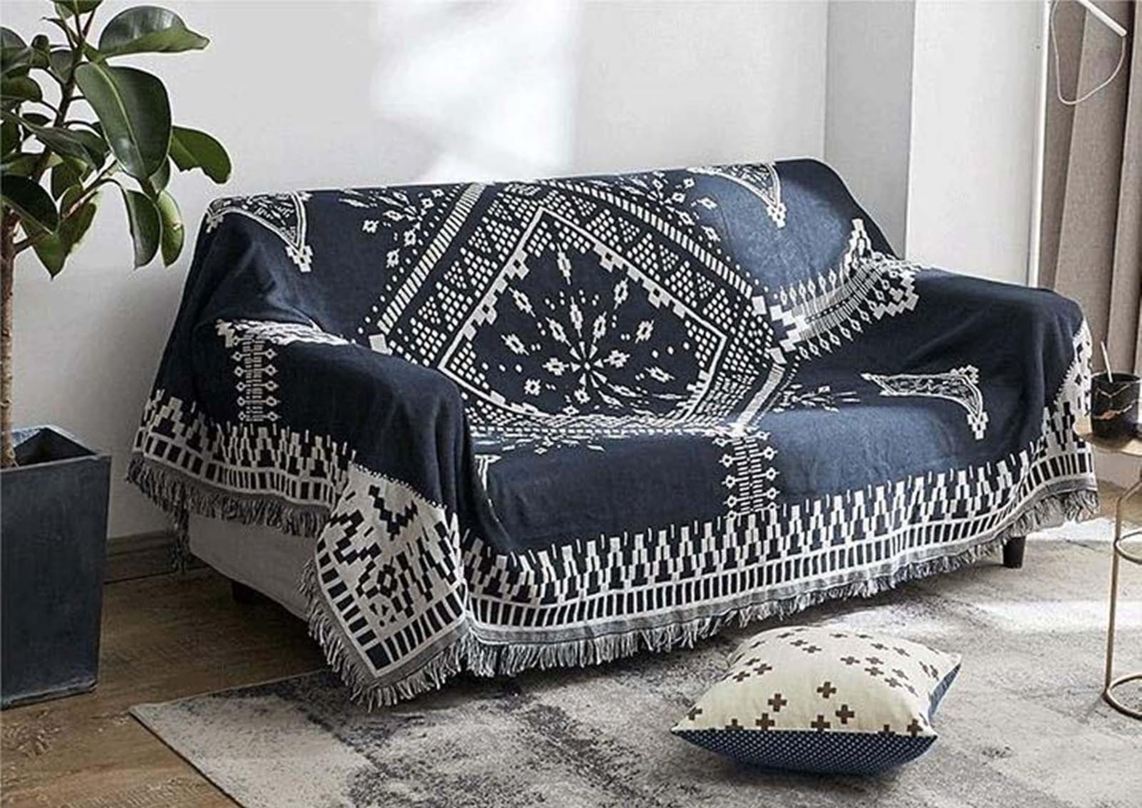 Couch Decken, Mischgewebe Couch Decken Marineblau Maritim-Muster Mit Quaste Sofabezug 2 Seater(90X240Cm)