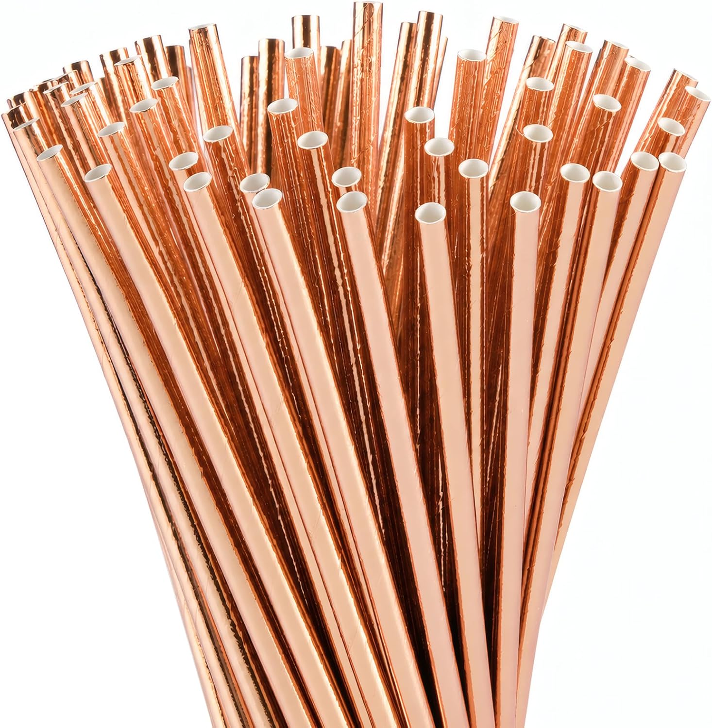 ALINK 100 Solid Rose Gold Foil Paper Straws, 7.75 in x 0.25 in Party Straws