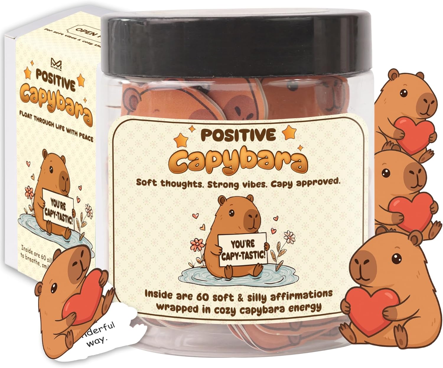 Positive Capybara Jar – 60 Affirmation Cards For Women, Girls – Mental Health & Stress Relief Support Gift, Capybara Gifts For Women, Coworker, Teen Girl Gifts Trendy Stuff, White Elephant Gifts