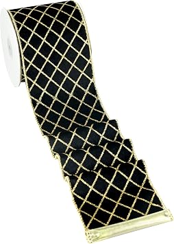 MAYREEL Black and Gold Velvet Wired Ribbon 4 Inch 10 Yards
