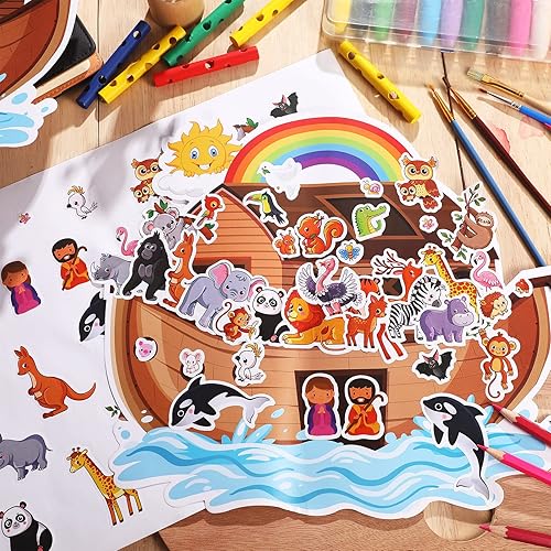 Miniatura 6 de Juego de 12 calcomanías de animales del Arca de Noé que incluye fondos y hojas de arca de Noé, calcomanías autoadhesivas de animales, decoraciones