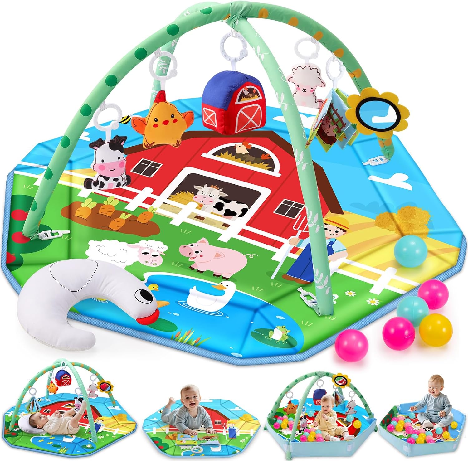 Farm Animal Baby Gym Play Mat, 9-in-1 Tummy Time Mat with 7 Baby Toys, Washable Baby Activity Mat for Visual, Sensory, Motor Development, Newborn Baby Toys Gift for Toddler 0-3-4-6-9-12 Months