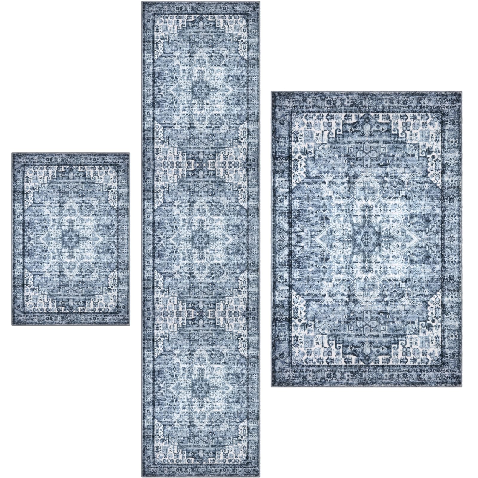 Siiloom Blue Washable Rug Set of 3 – 2x3, 2x8 and 3x5 Vintage Boho Area Rug and Runner, Soft Non Slip Rugs for Entryway, Foyer, Bathroom