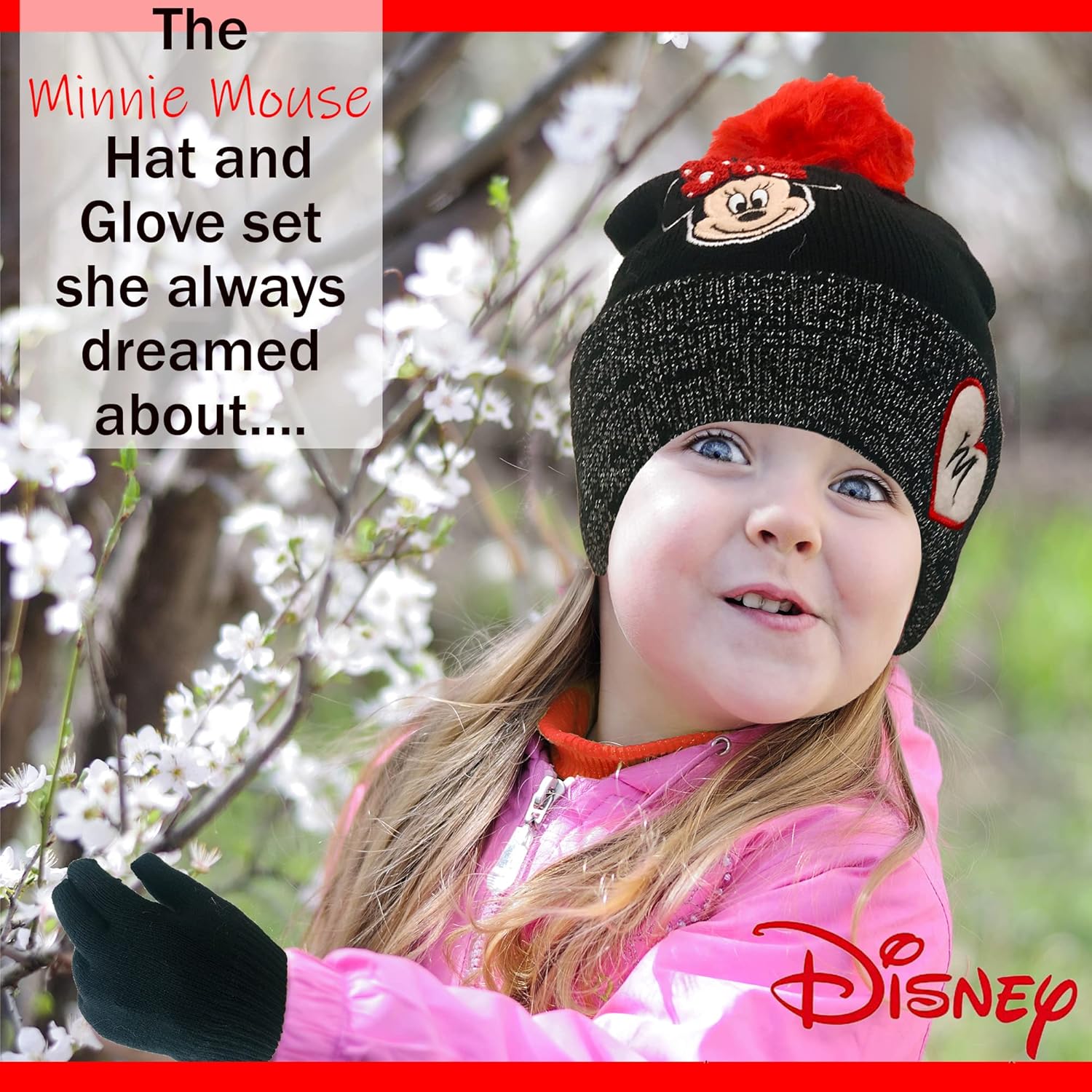 Disney Minnie Mouse Girls Winter Hat and Gloves Cold Weather Set, Age 4-7 - Image 3
