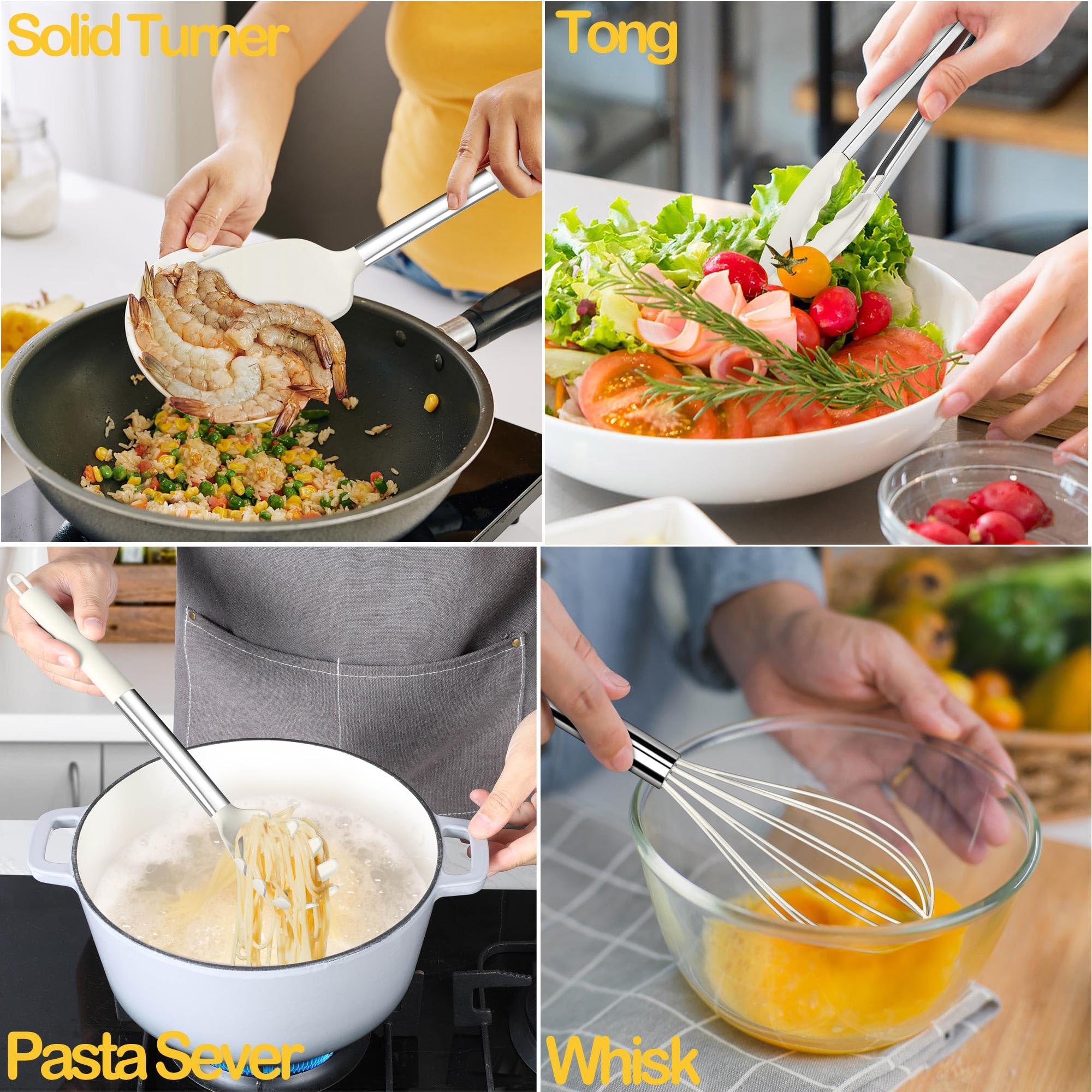 LIANYU Juego de 15 utensilios de cocina con soporte, utensilios de cocina de silicona con mango de acero inoxidable, herramientas de espátula resistentes al calor, cuchara de cepillo, pinzas, batidor,