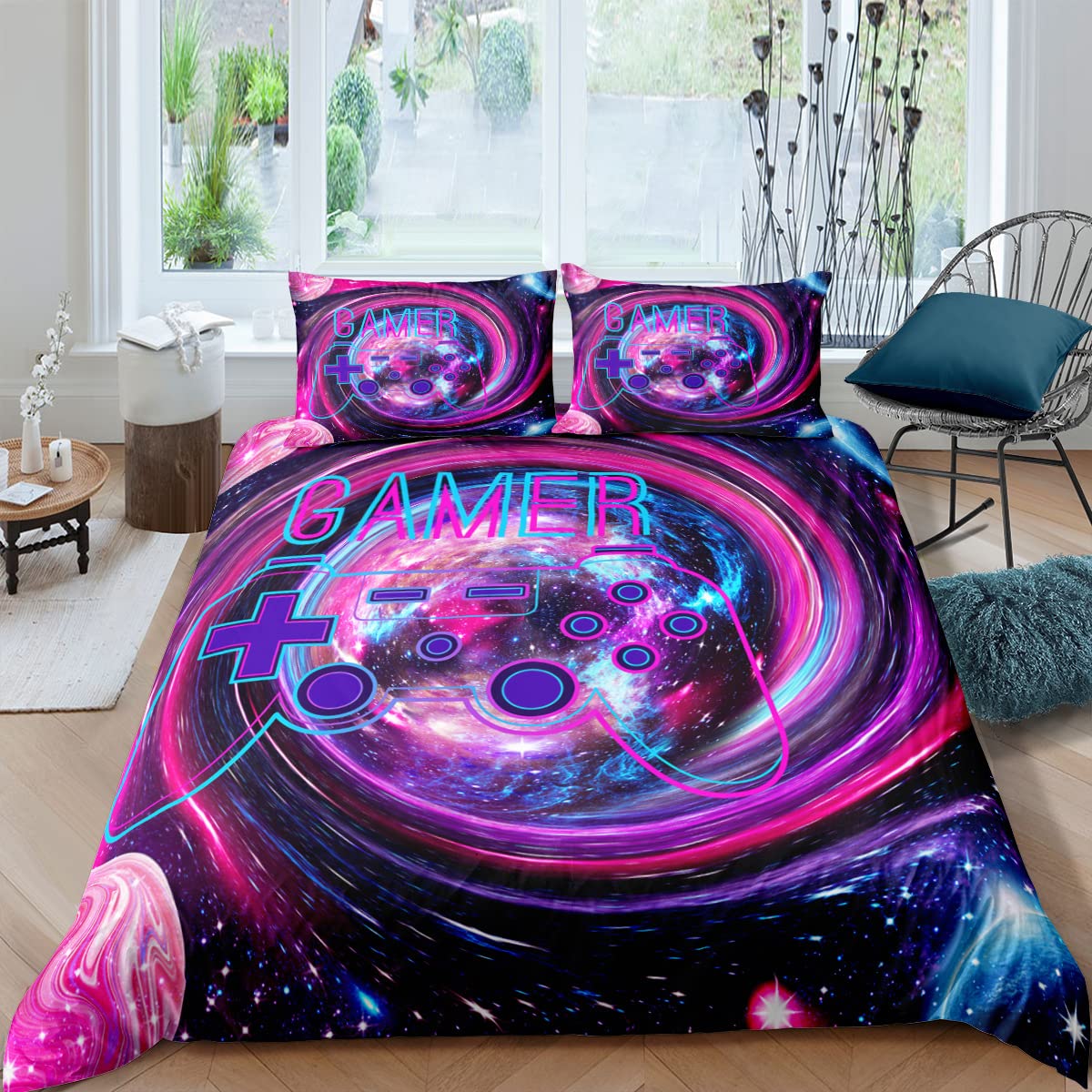 Parure de lit gamer housse de couette console jeux vidéo 200x200 cm avec taies d'oreiller