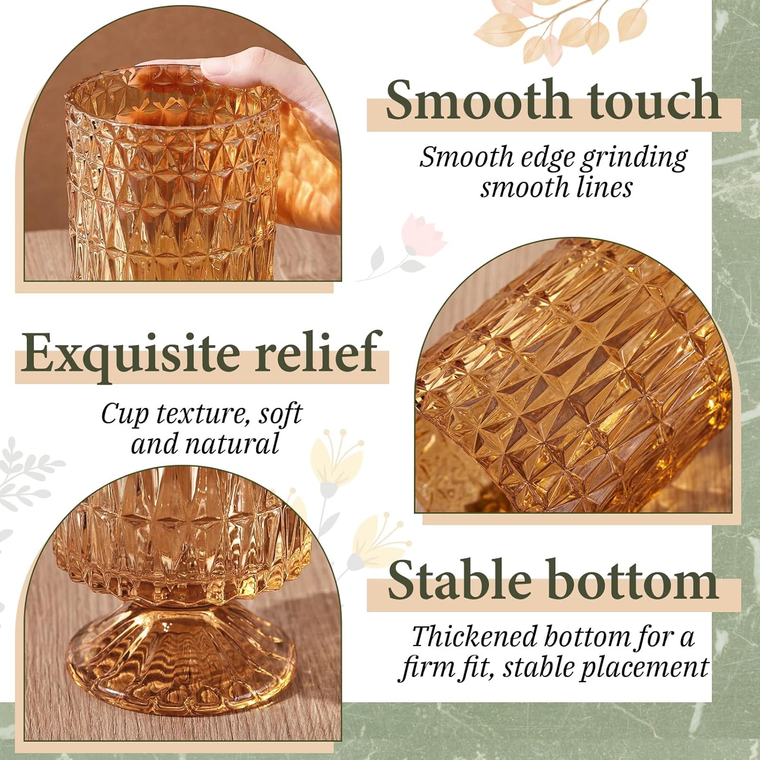 9 Set (H:7 Inch W:4 Inch) Flower Crystal Glass Vases Embossed Pedestal Vases for Centerpieces Hydroponic Glass Transparent Bottle for Home Office Wedding Dining Table Party (Amber)