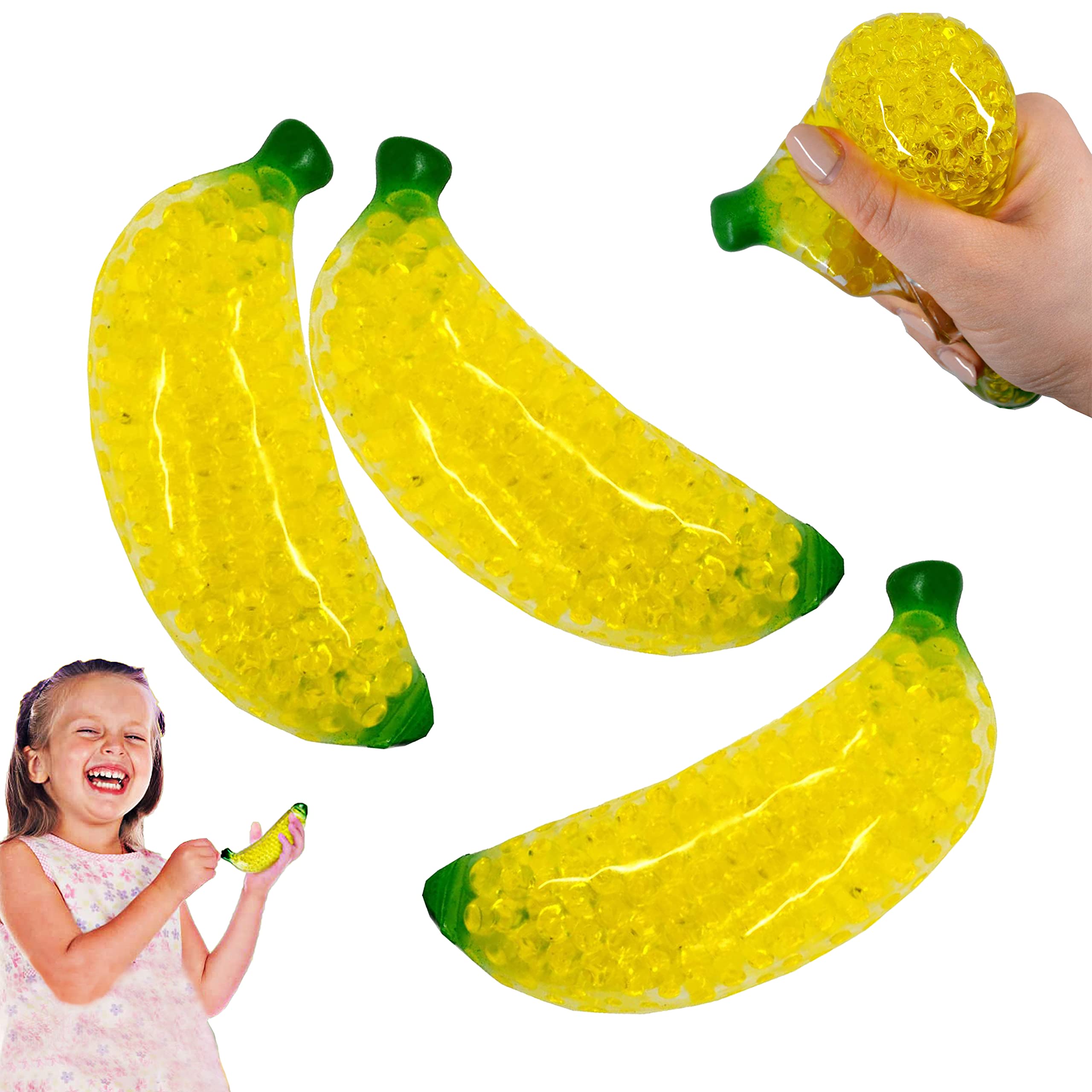 3Pcs Squeeze Banana 13cm, Gel Bead Fruit Sensory Fidget Toy, Safe Fun Stress Relief Ball for Kids & Adults, Novelty Gift