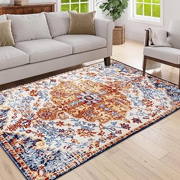 Boho Area Rug Machine Washable Non-Slip Vintage Distressed Rug for Living Room Bedroom, Low Pile Soft Pet-Friendly Washable Carpets 5x7ft, K