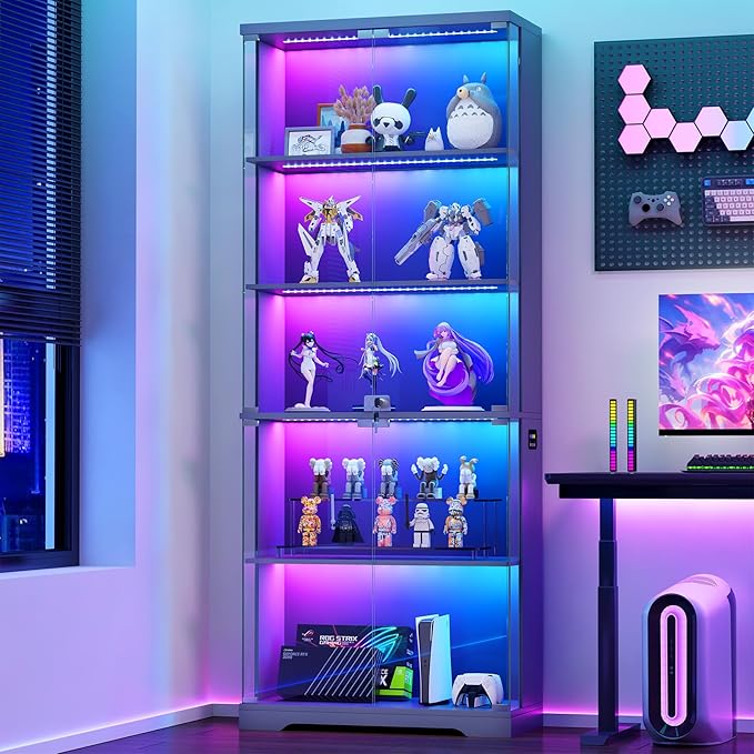 Dystler Glass Display Cabinet with Doors, 69" Tall RGB LED Curio Cabinet with 5-Tier Wooden Shelves for Collectibles, Lockable Display Case for Living Room (1, Gray)