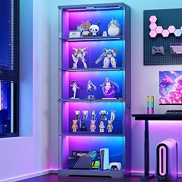 FREDEES Display Cabinet with Glass Doors, 175CM Tall Curio Cabinet with RGB Lights and 5-Tier Shelves for Collectibles, Figures, Locking Wooden Display Case for Books Gray