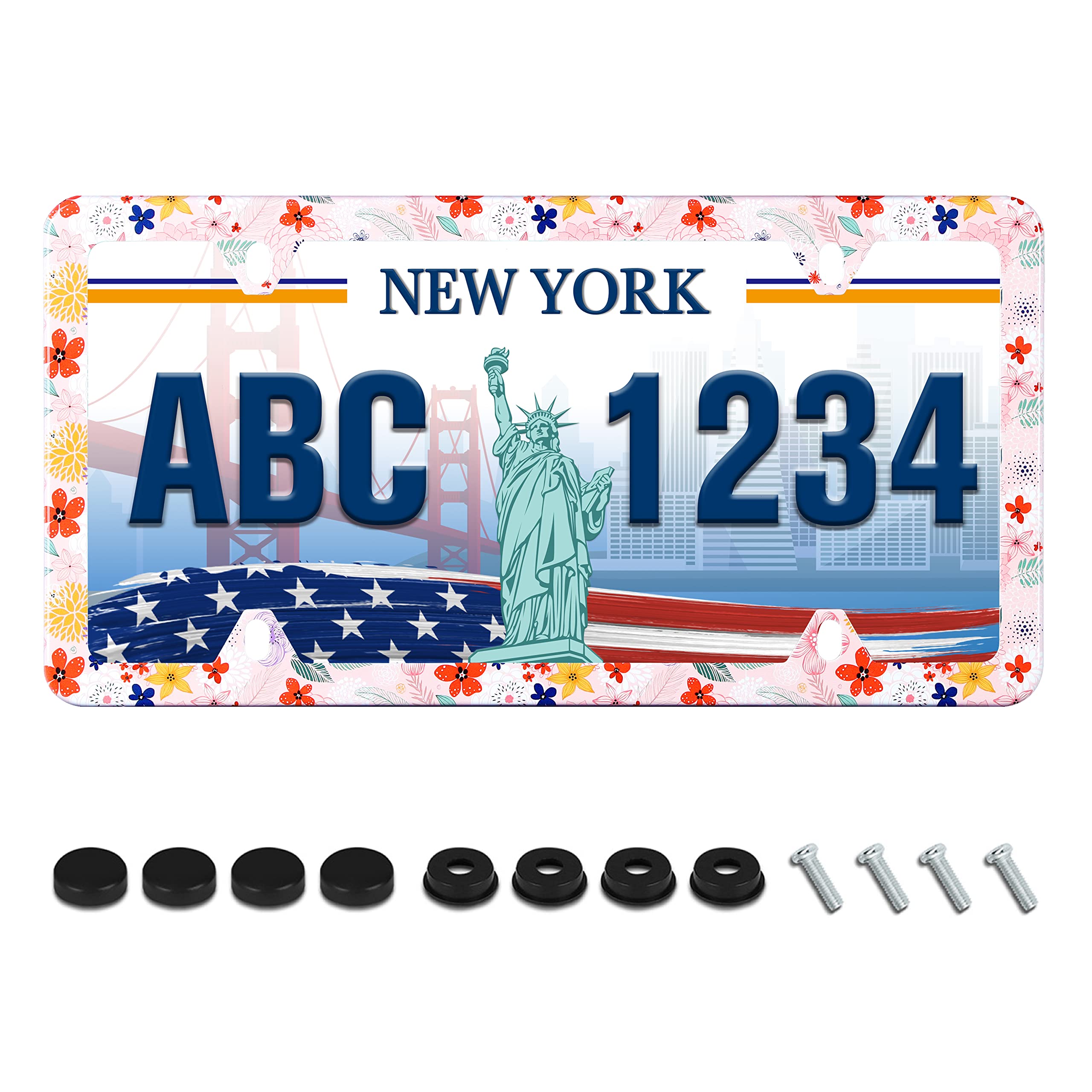 Colorful Folk Flowers License Plate Frame Beautiful Floral Print Funny License Plate Holder Personalise Stainless Steel Rust-Proof Auto Parts Personalise Decoration for Men Women Cover 4 Holes 1pcs