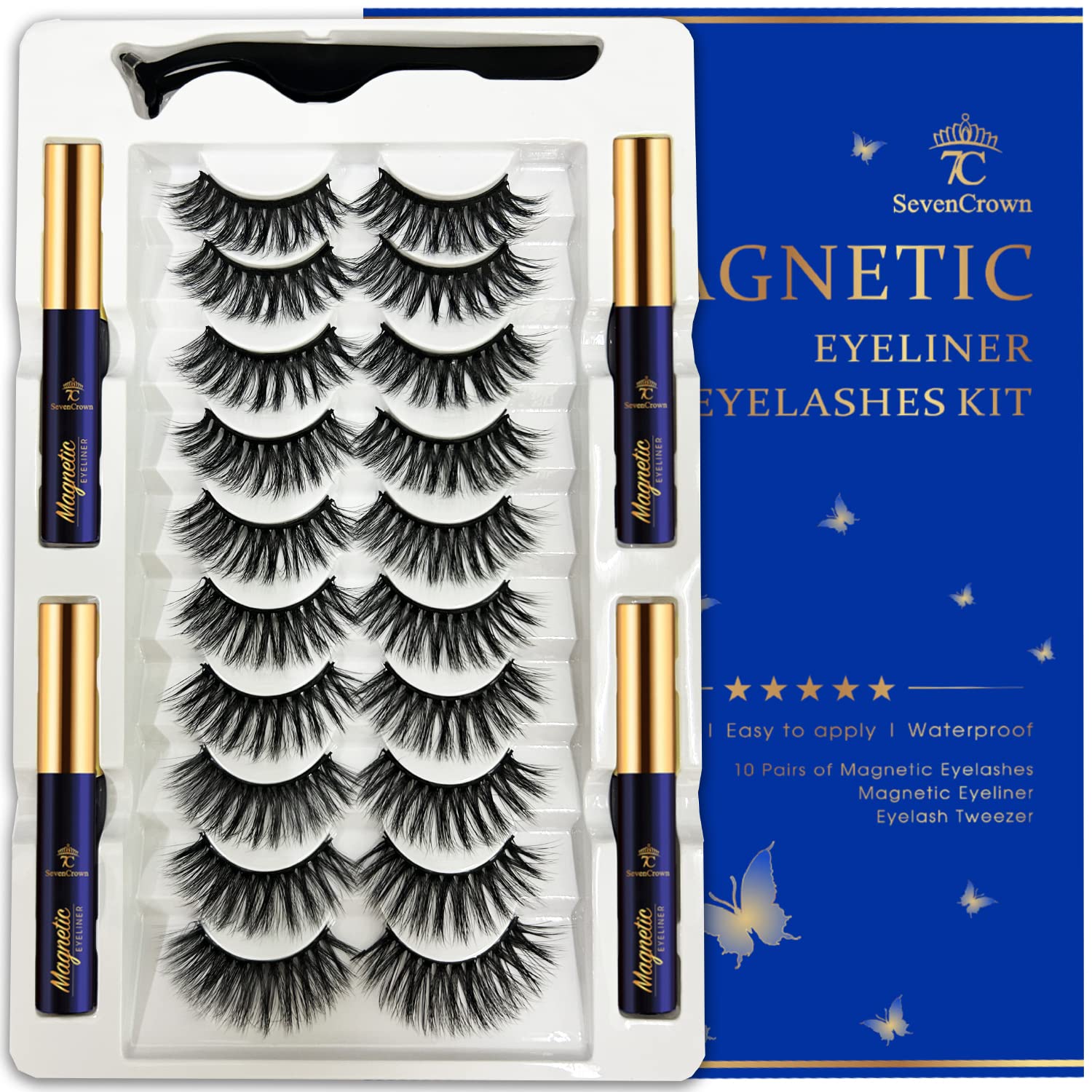 3D Magnetic Eyelashes and Eyeliner Kit – 10 Pairs Reusable Magnetic Lashes Natural Look, Upgraded Long-Lasting 4 Tube Waterproof Liner with Application – Cruelty Free,Easy